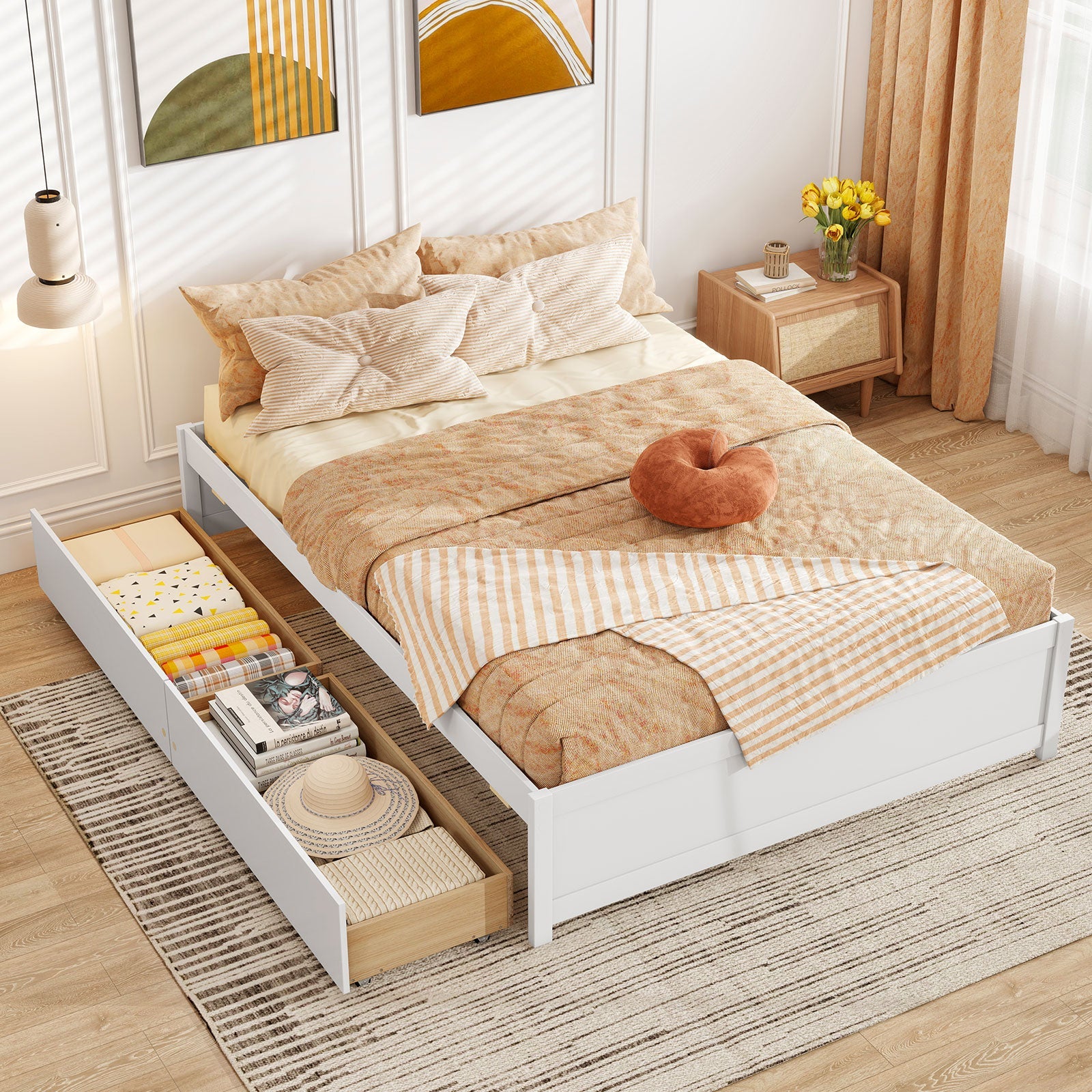 Full Size Wooden Bed Frame with 2 Rolling Storage Drawers-White