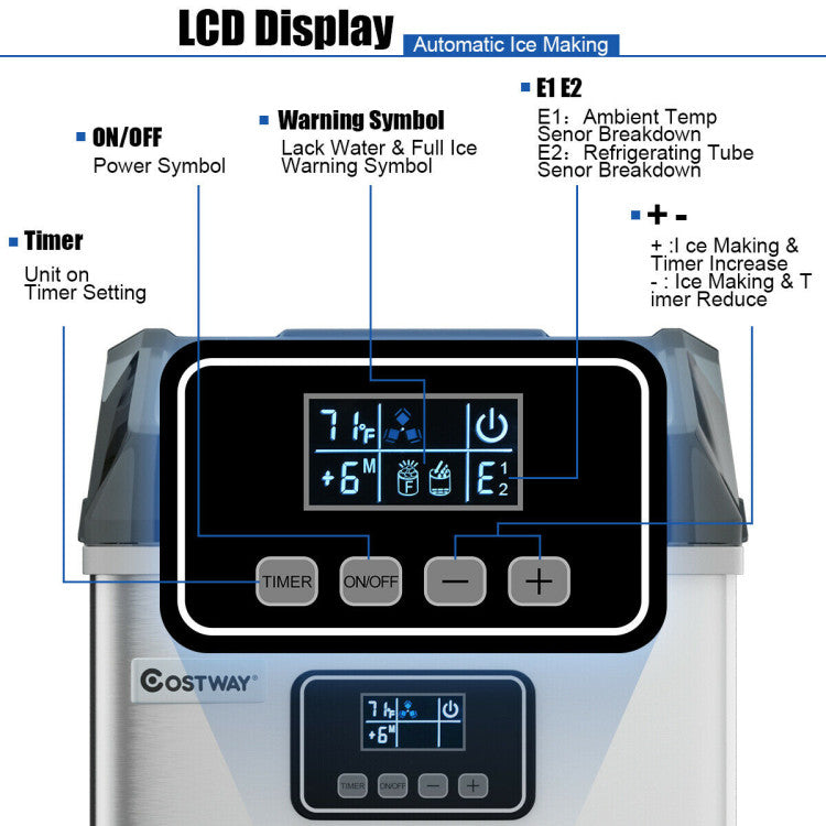 48lbs Stainless Ice Maker with LCD & Self-Cleaning