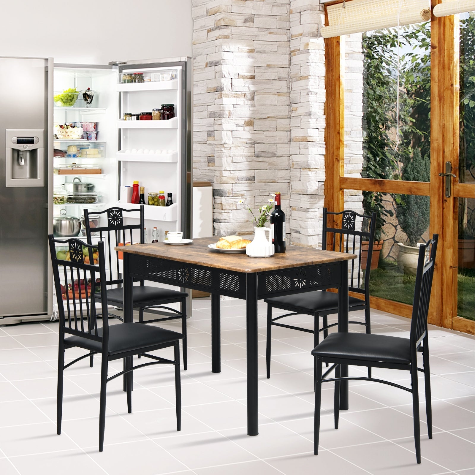 5 Pcs Dining Set Wood Metal Table and 4 Chairs with Cushions-Black by DirectDeals