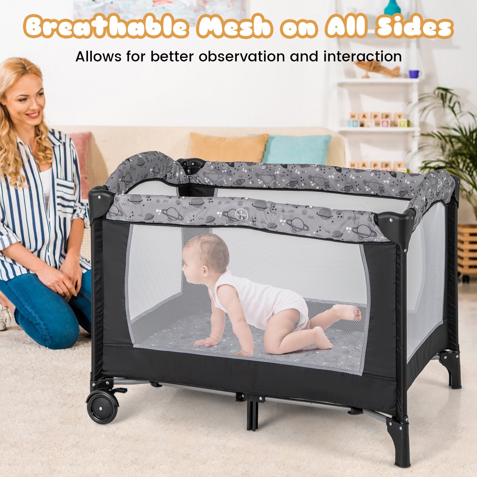 Multi-Functional Baby Playpen with Mattress & Removable Changing Table-Gray