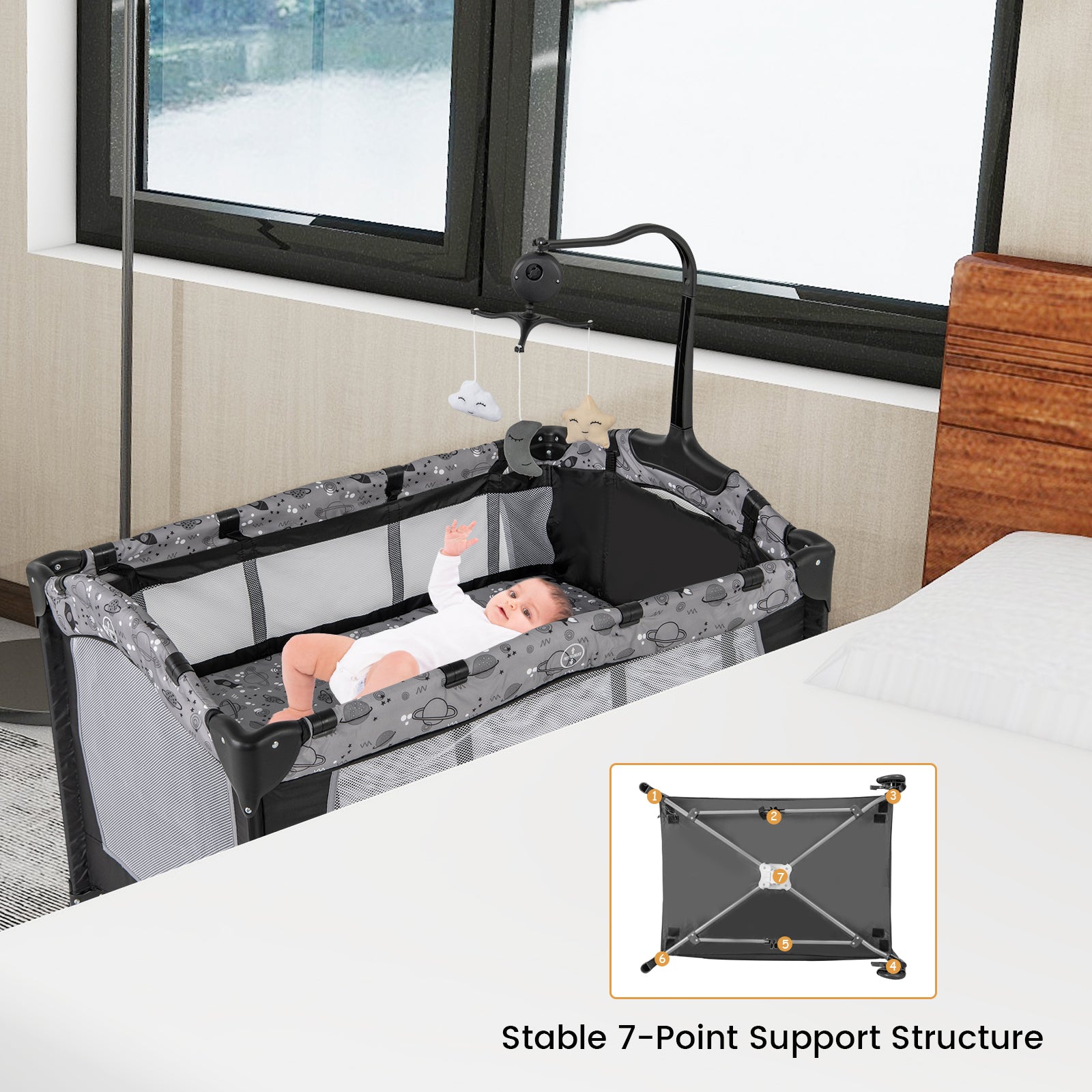 Multi-Functional Baby Playpen with Mattress & Removable Changing Table-Gray