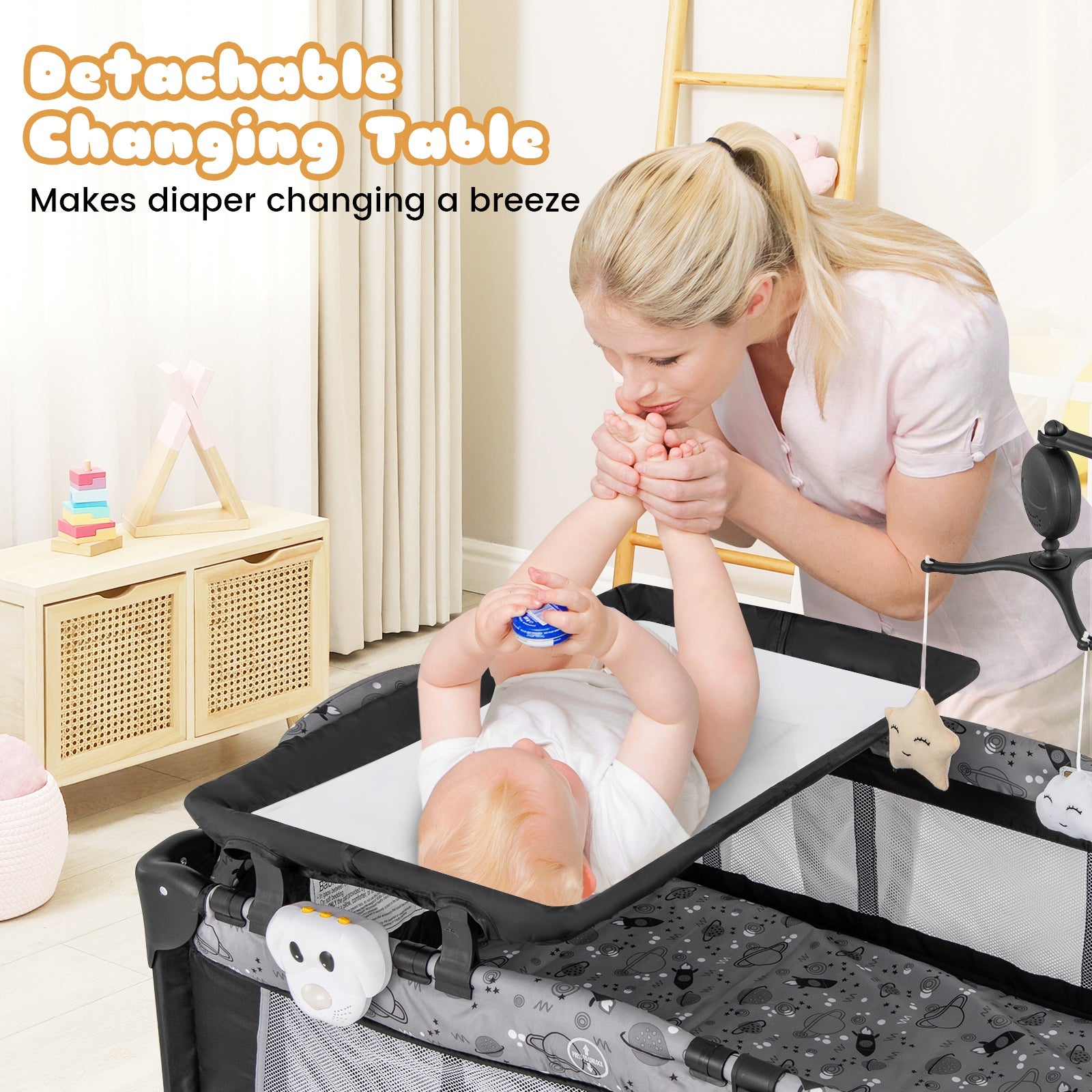Multi-Functional Baby Playpen with Mattress & Removable Changing Table-Gray