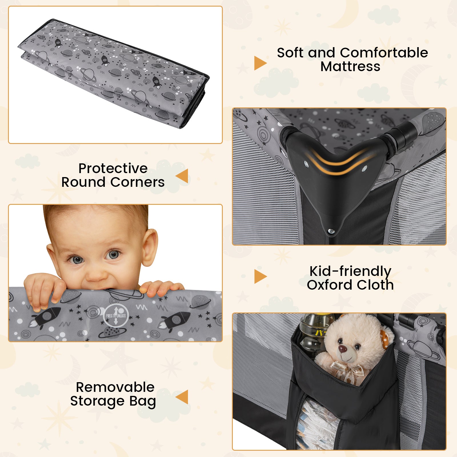 Multi-Functional Baby Playpen with Mattress & Removable Changing Table-Gray