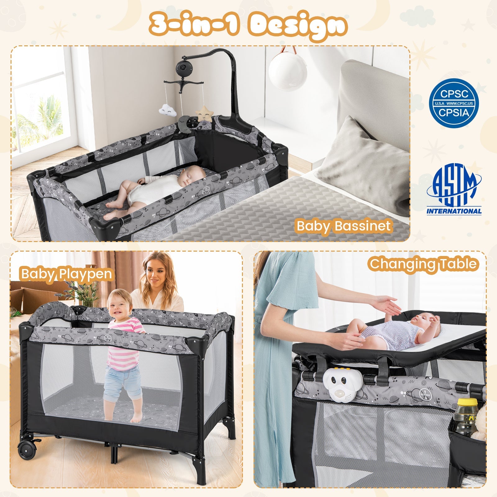 Multi-Functional Baby Playpen with Mattress & Removable Changing Table-Gray