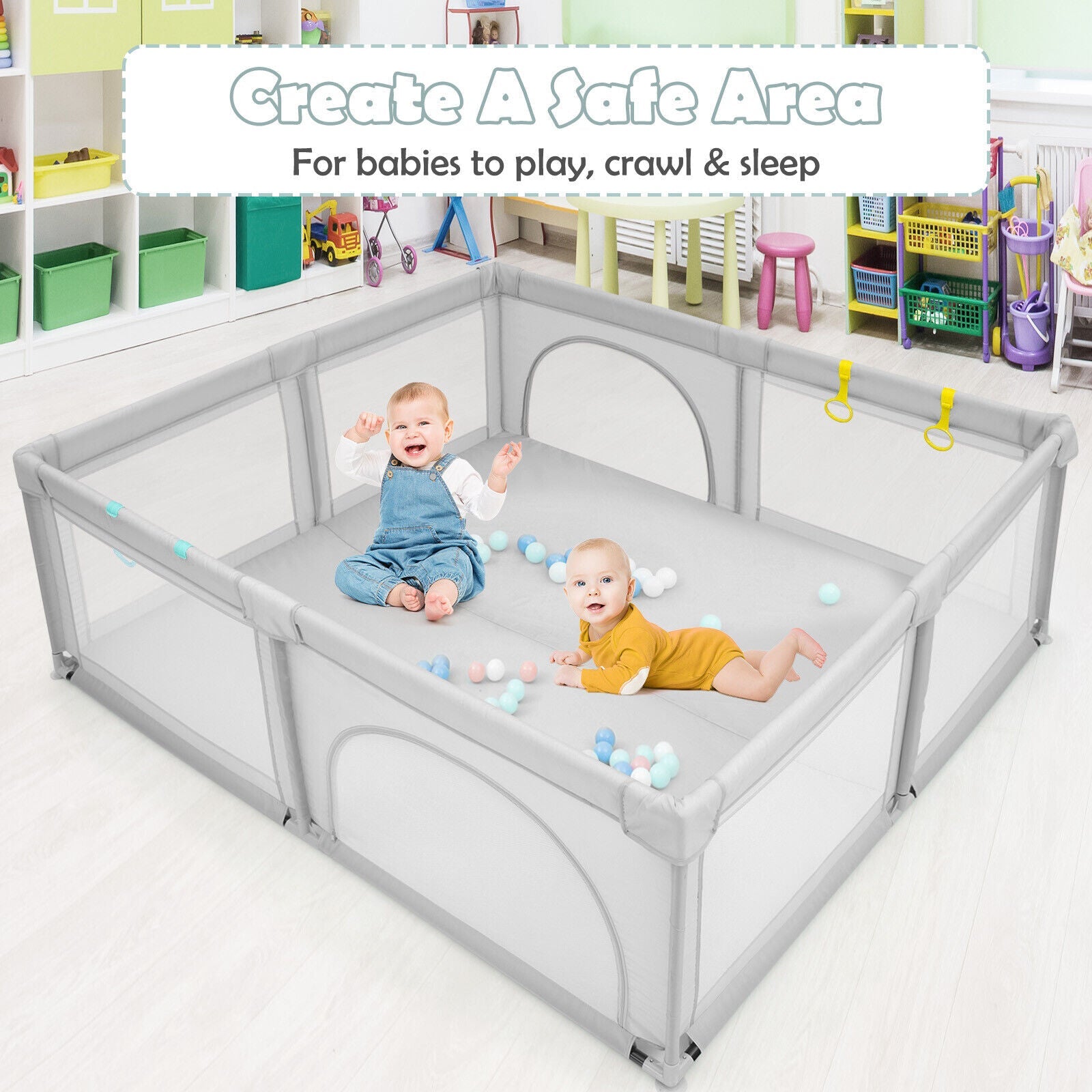 Large Infant Baby Playpen with 50 Ocean Balls-Gray