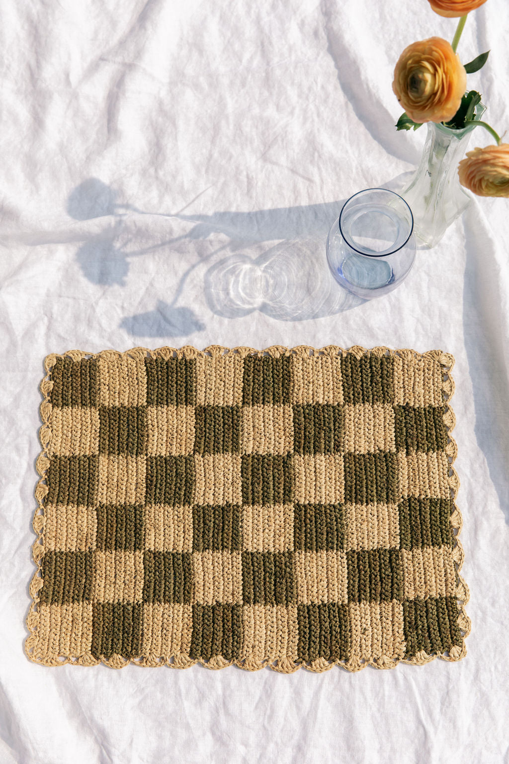Green Checked Placemat, Rectangular Raffia Tabletop