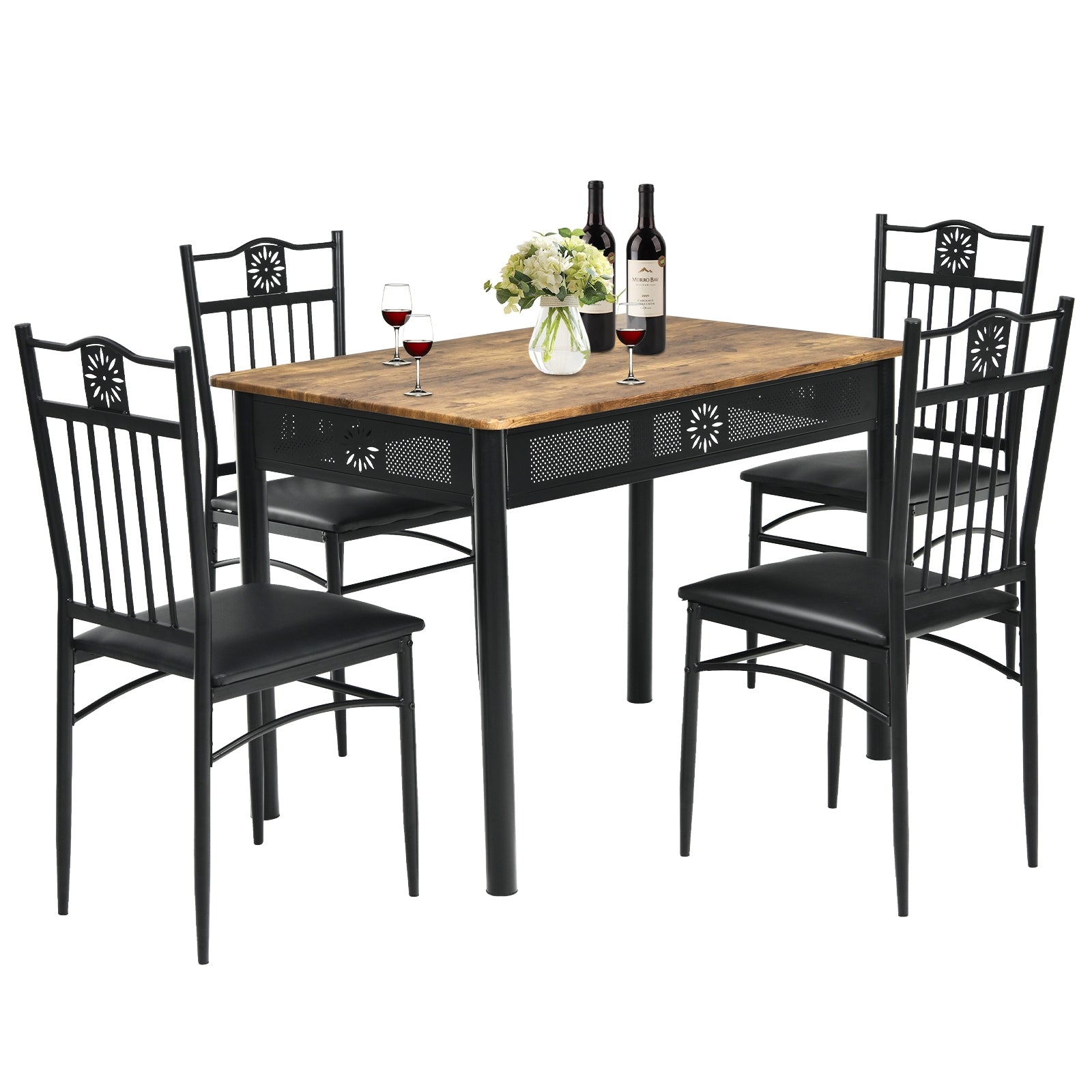 5 Piece Dining Set, Table and 4 Chairs with Cushions - Black