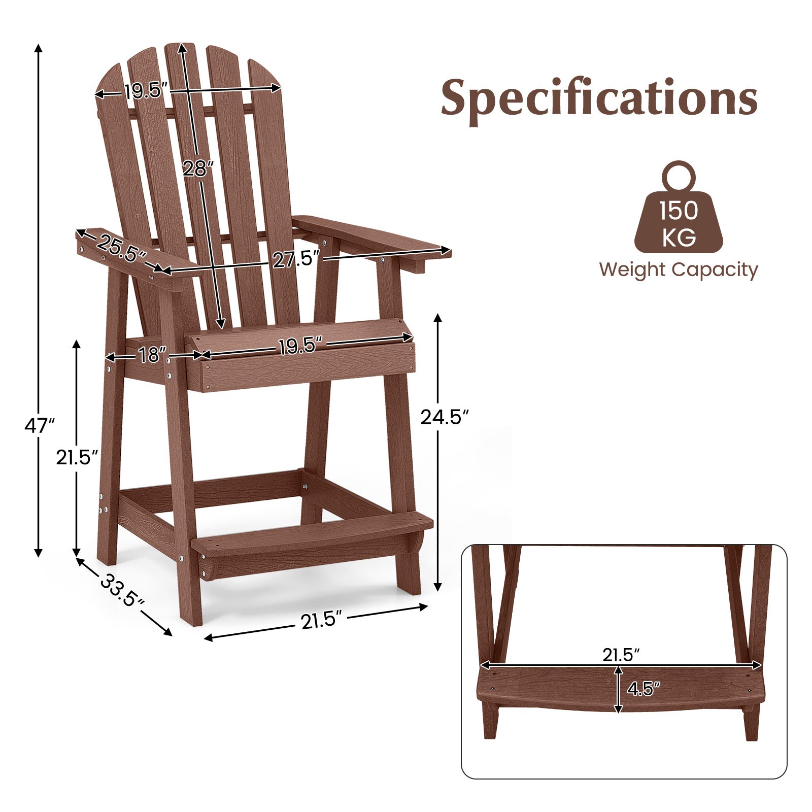 Patio Chair with Armrest and Footrest - Coffee