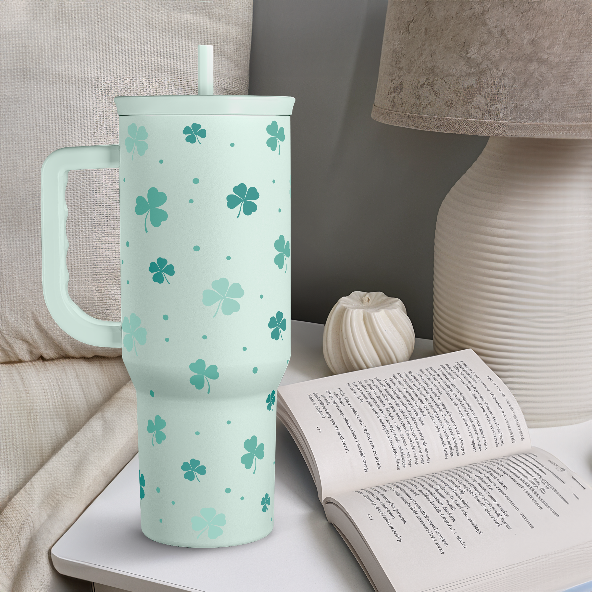 Shamrock  St. Patrick's Day Tumbler with Handle &Straw - 40oz