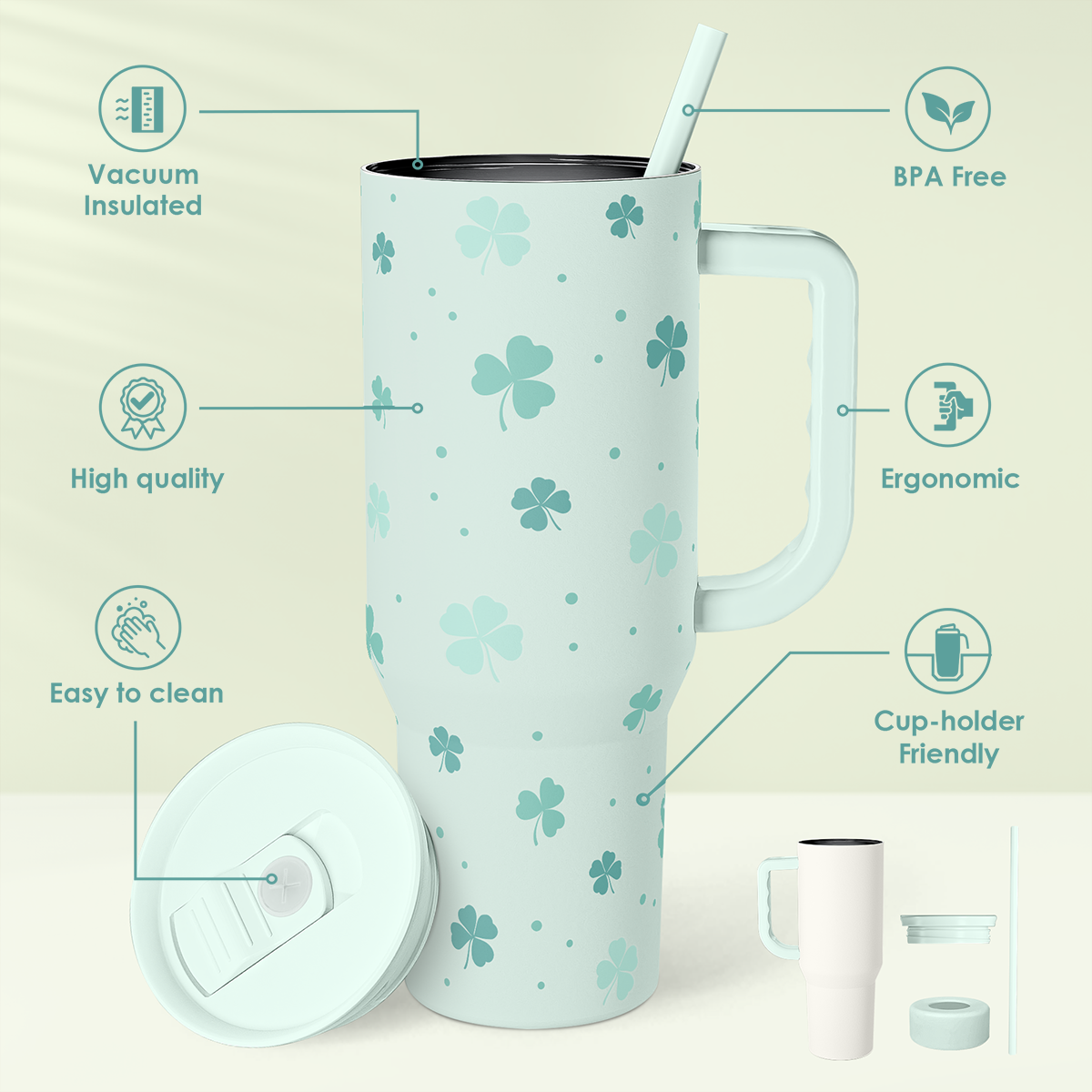 Shamrock  St. Patrick's Day Tumbler with Handle &Straw - 40oz