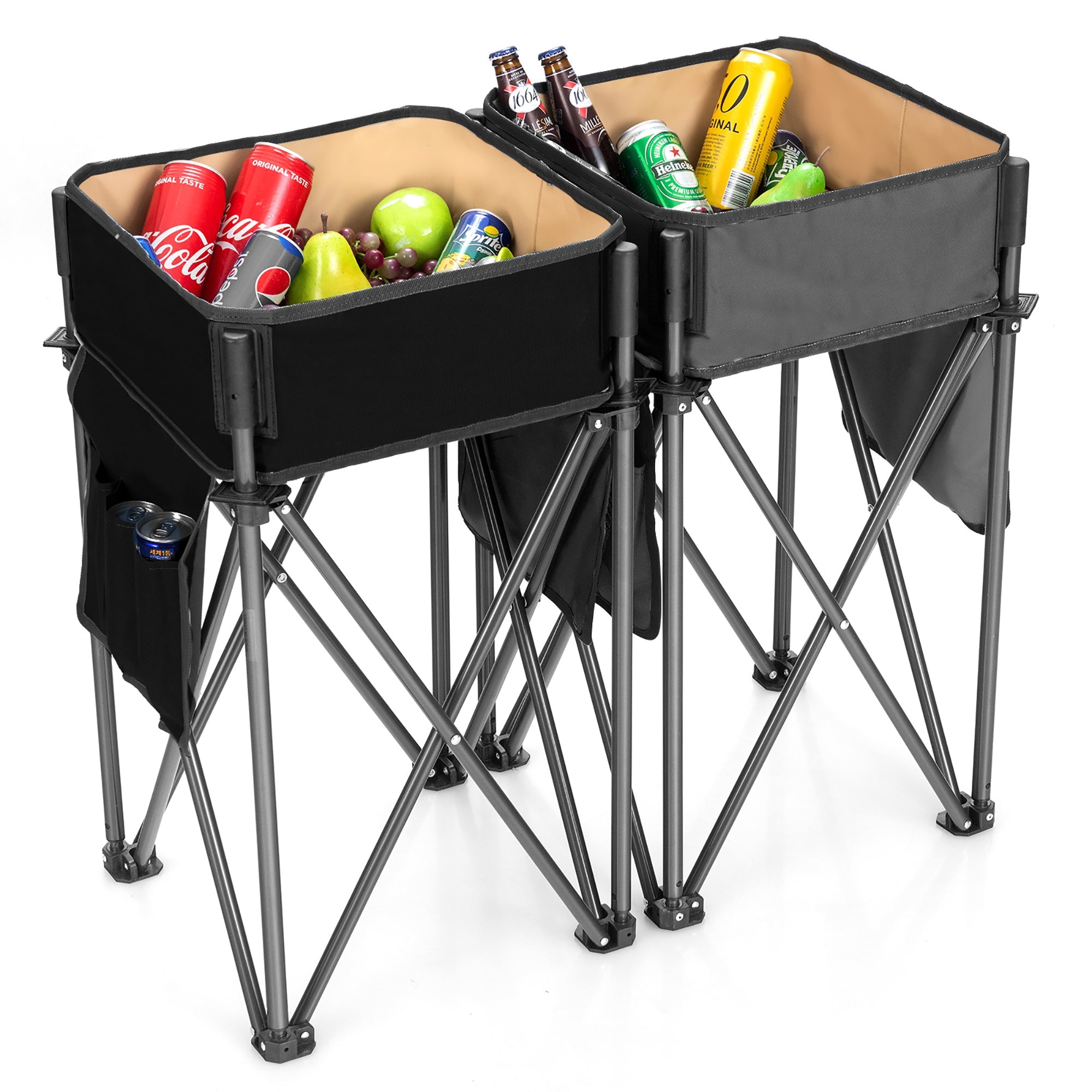 2 Pieces Folding Camping Tables with Large Capacity Storage Sink -Black
