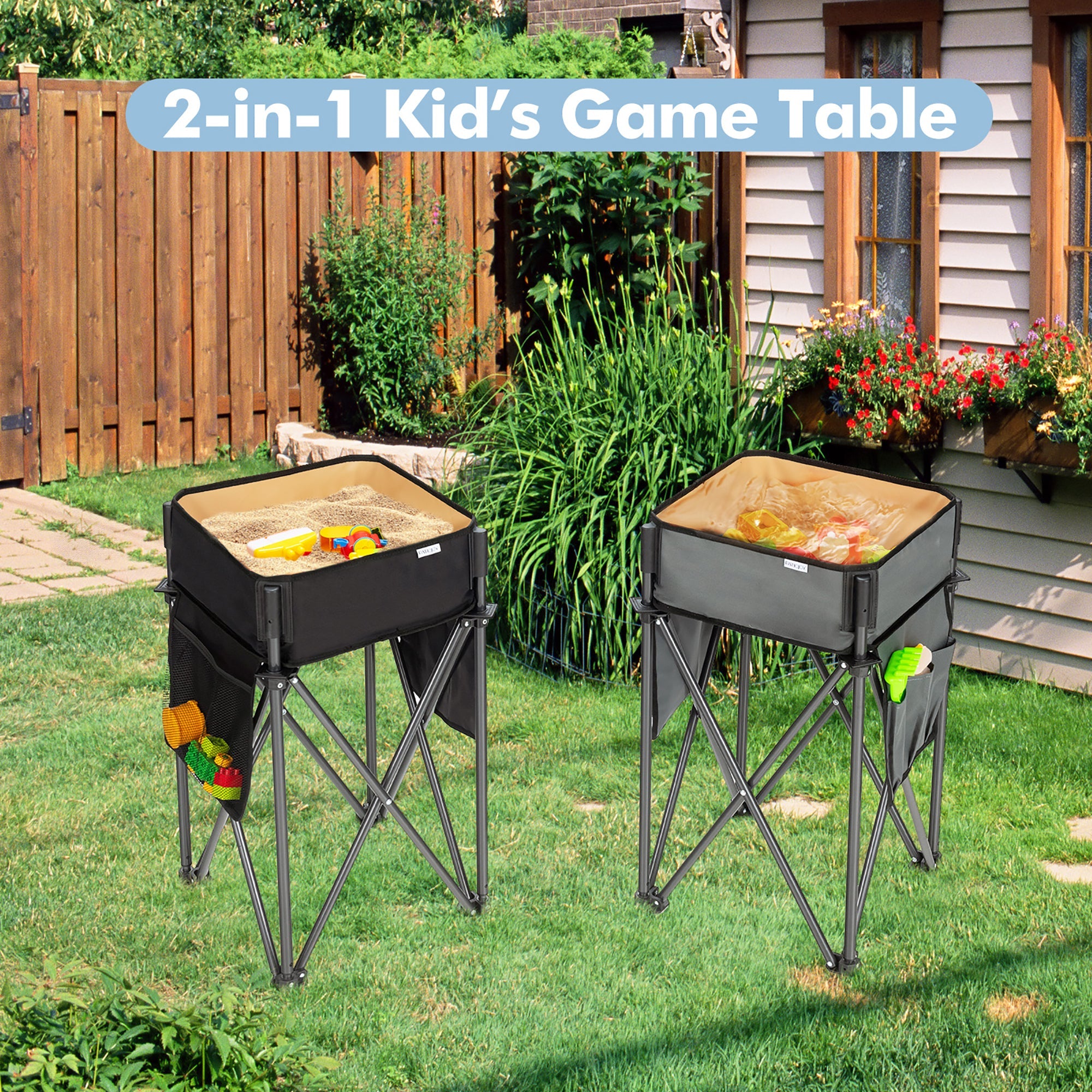 2 Pieces Folding Camping Tables with Large Capacity Storage Sink -Black