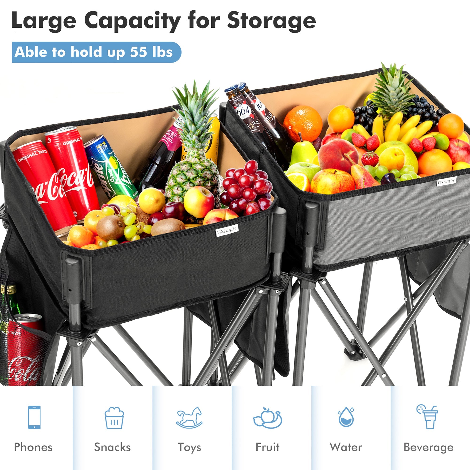 2 Pieces Folding Camping Tables with Large Capacity Storage Sink -Black