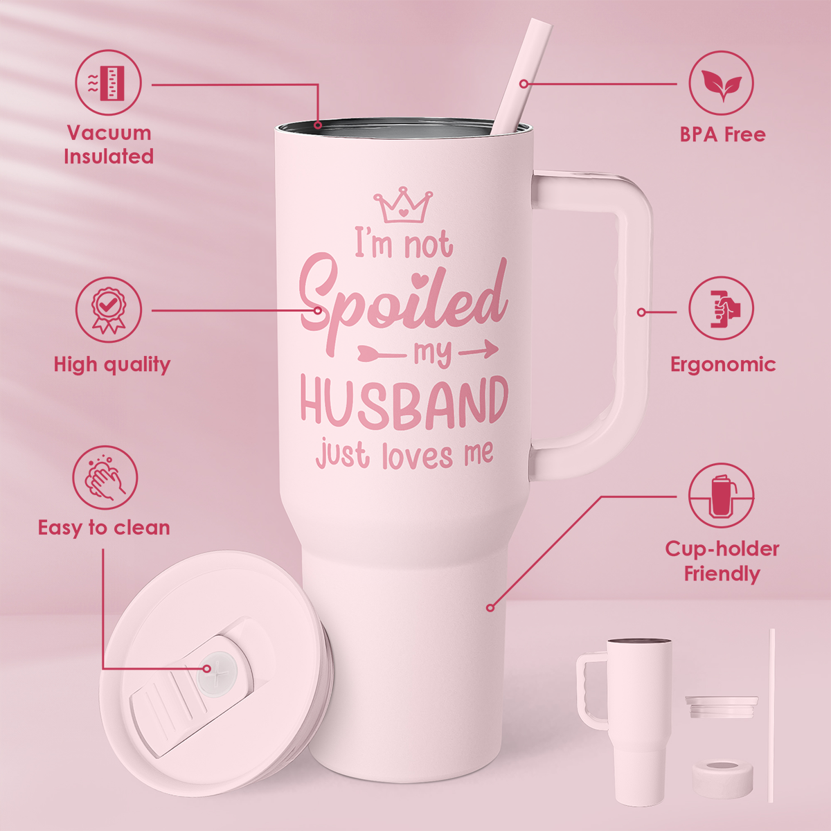 Valentine's Day Travel Tumbler for Wife - 40oz, Pink