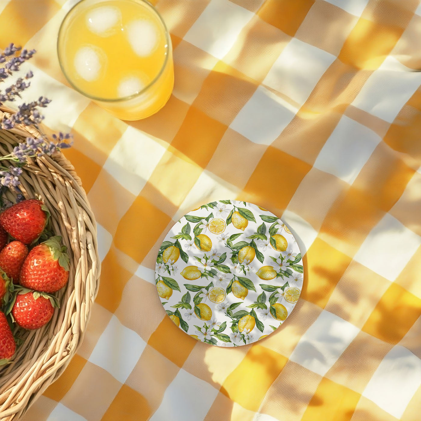 Blue and yellow mosaic coaster with lemon accents
Coastal inspired tile and lemon combination ceramic coaster
Mediterranean floral and citrus pattern premium coaster