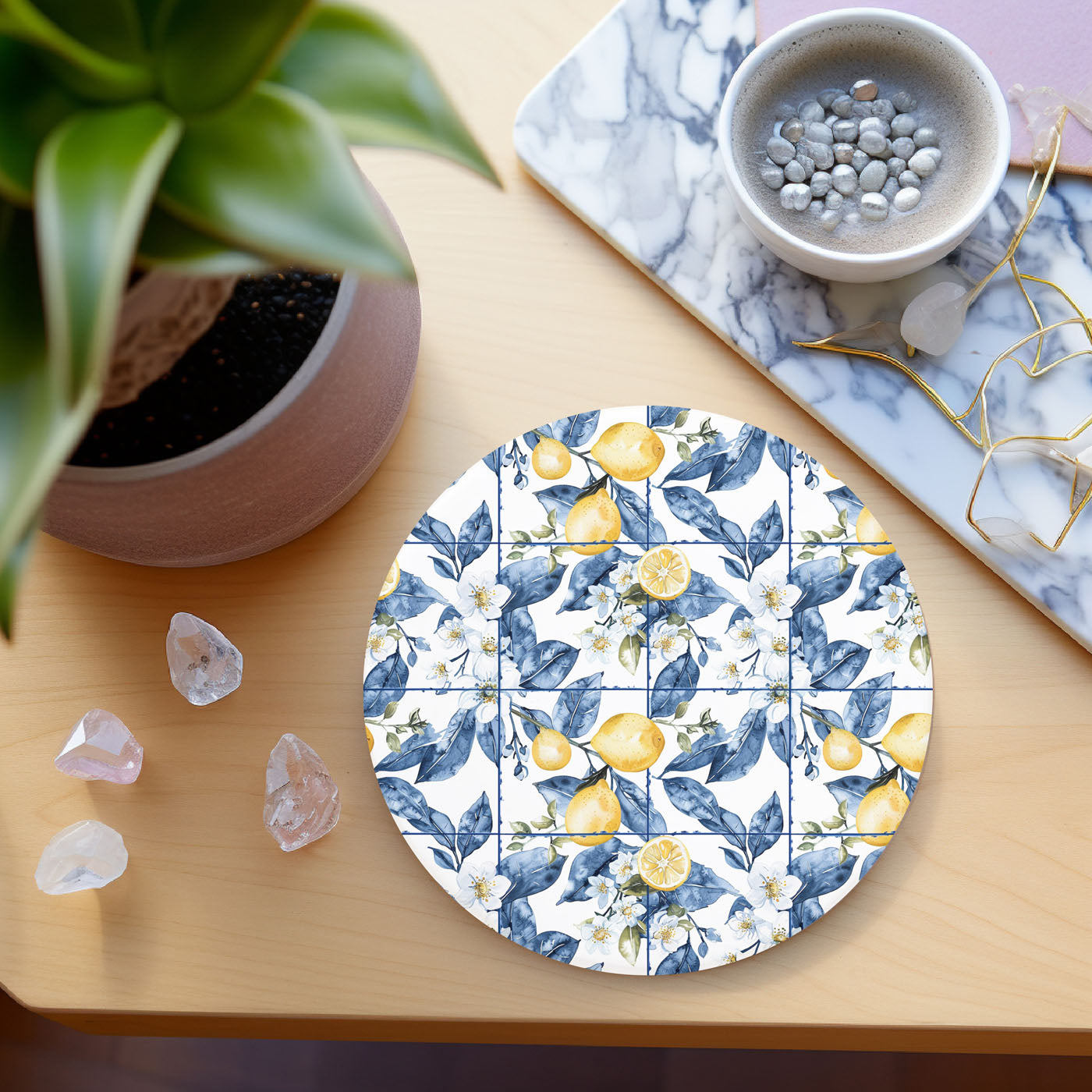 Dishwasher safe Mediterranean pattern drink coasters
Microwave safe lemon design ceramic coasters
Cork backed luxury coastal themed drink coasters
Premium quality Mediterranean inspired table protection