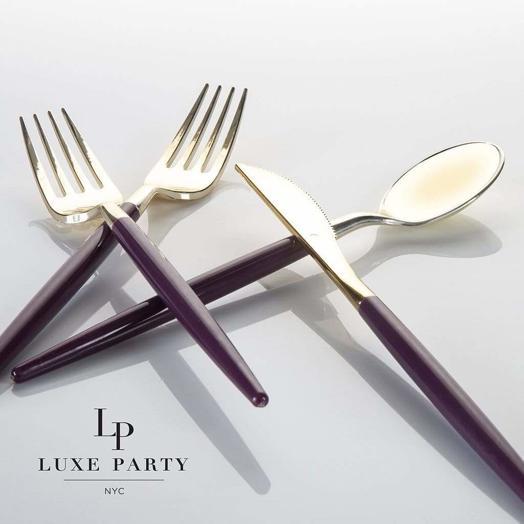 Purple • Gold Plastic Cutlery Set | 32 Pieces
