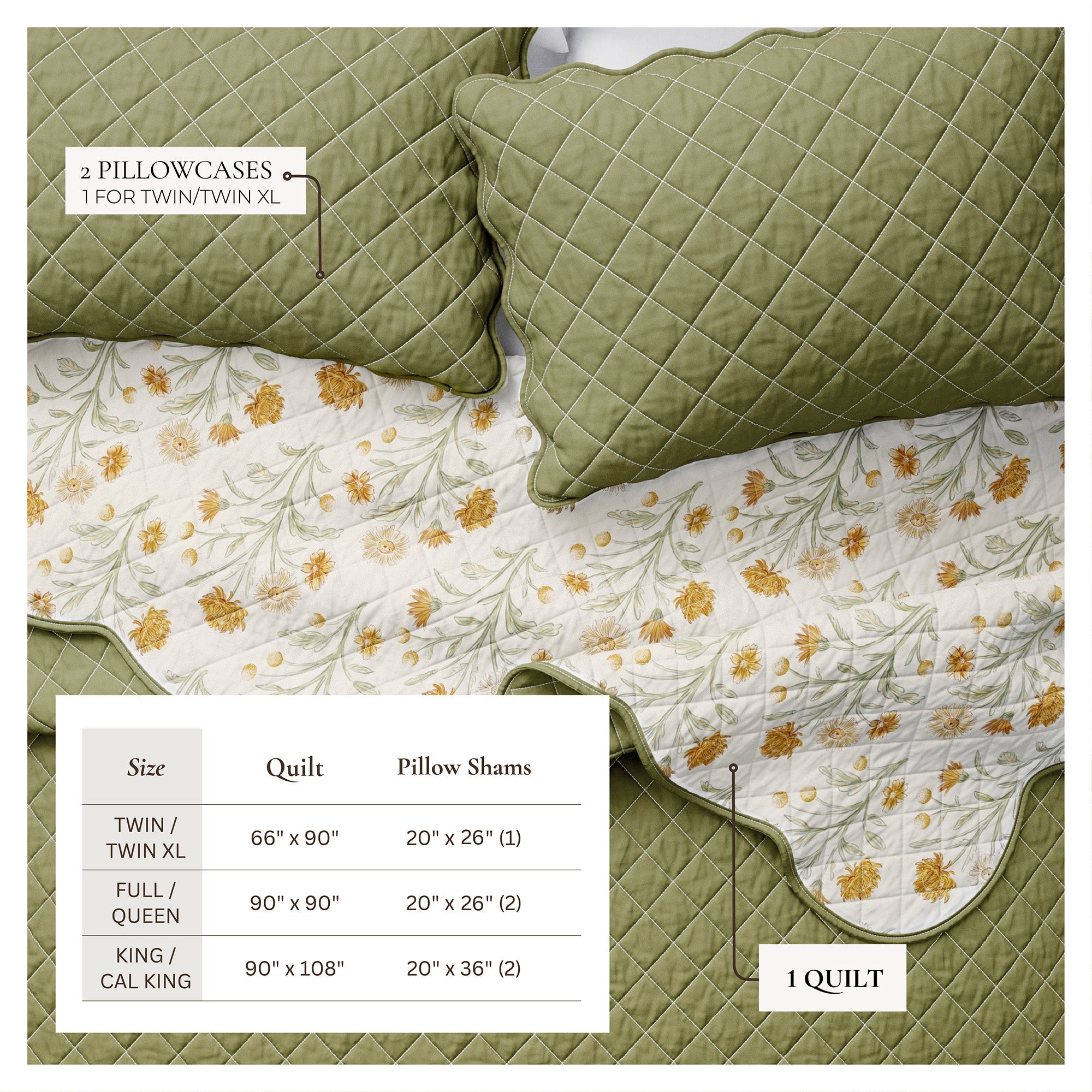 Floral Print & Scalloped Edge Cotton Quilt Set - Illiana Collection