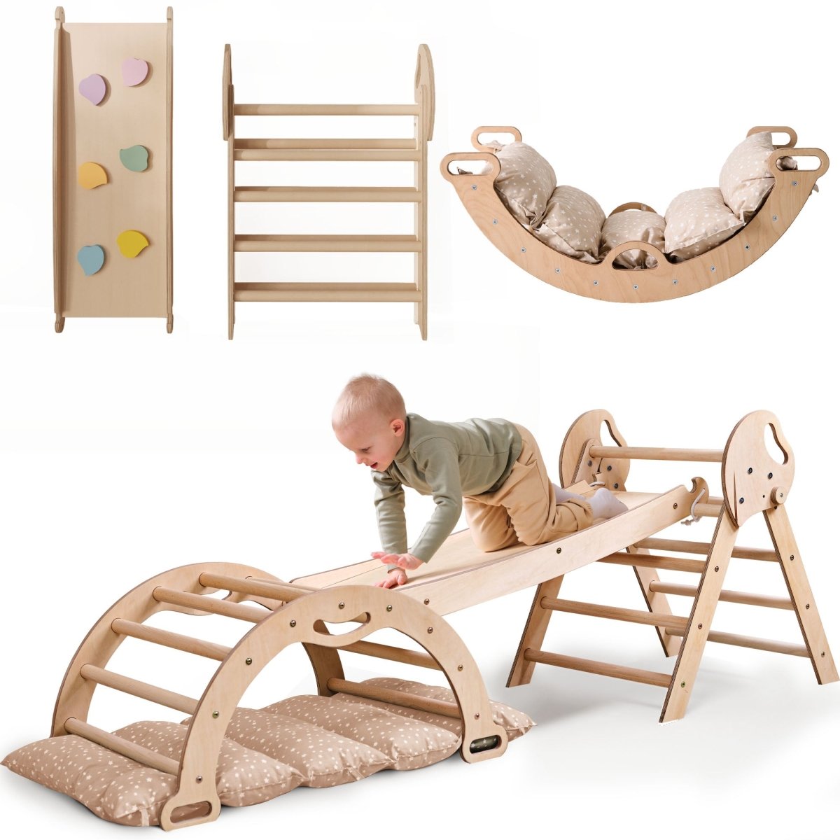 4-in-1 Montessori Climbing Set: Pikler Triangle, Arch, Slide Board, and Cushion for Toddlers (1–3 Years)