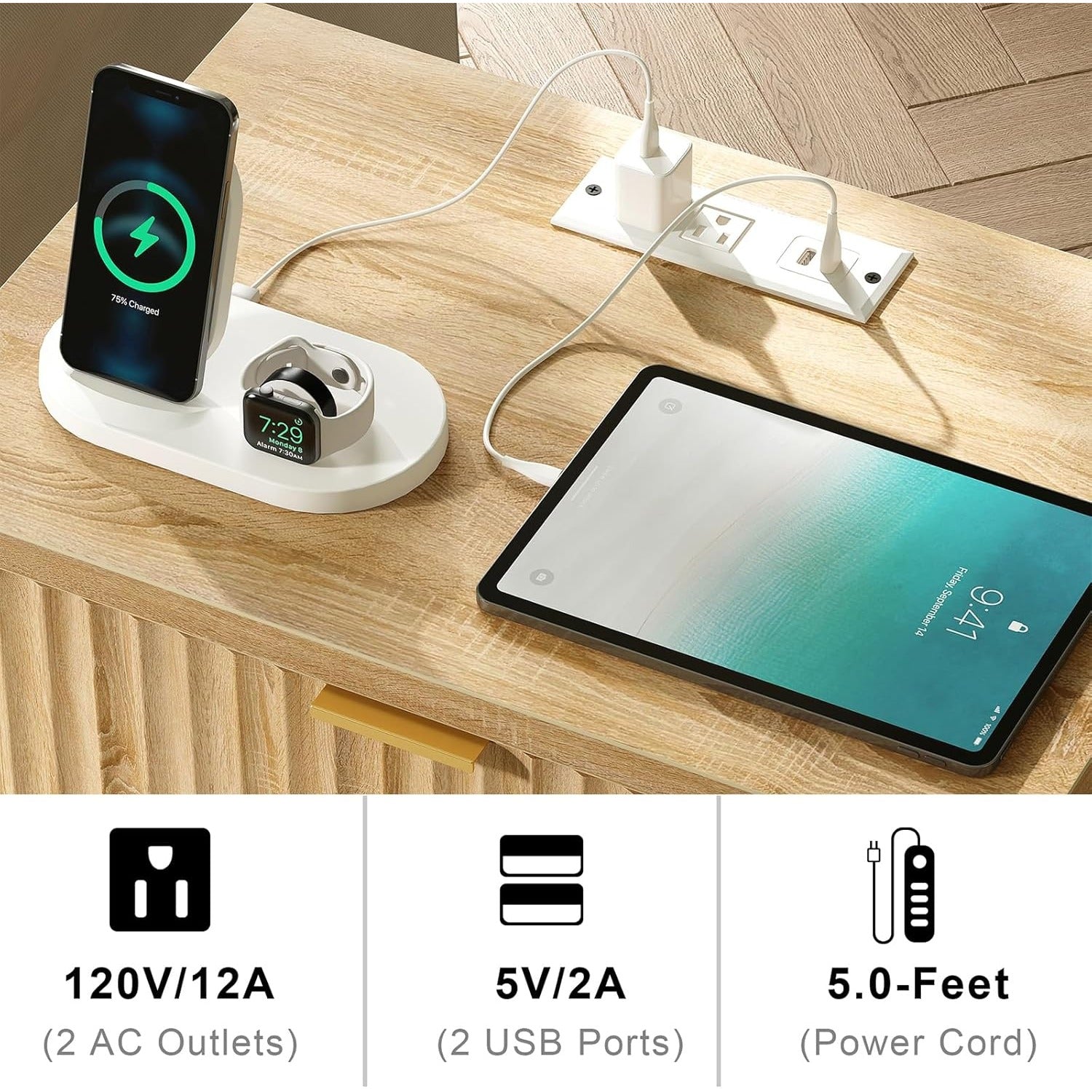 Fluted Nightstands with LED & Charging Station, Oak