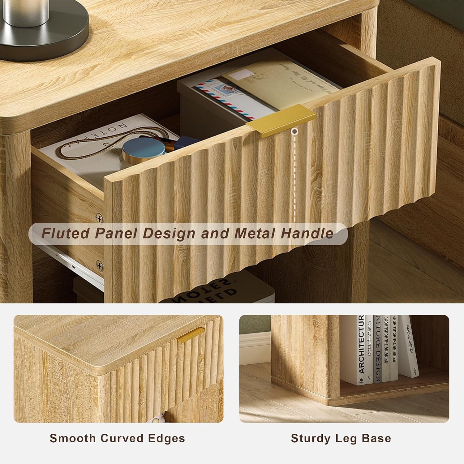 Fluted Nightstands with LED & Charging Station, Oak