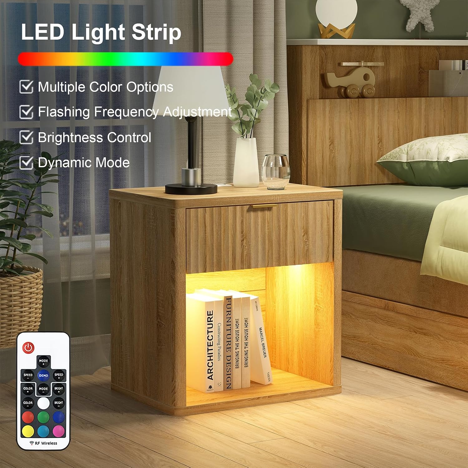 Fluted Nightstands with LED & Charging Station, Oak