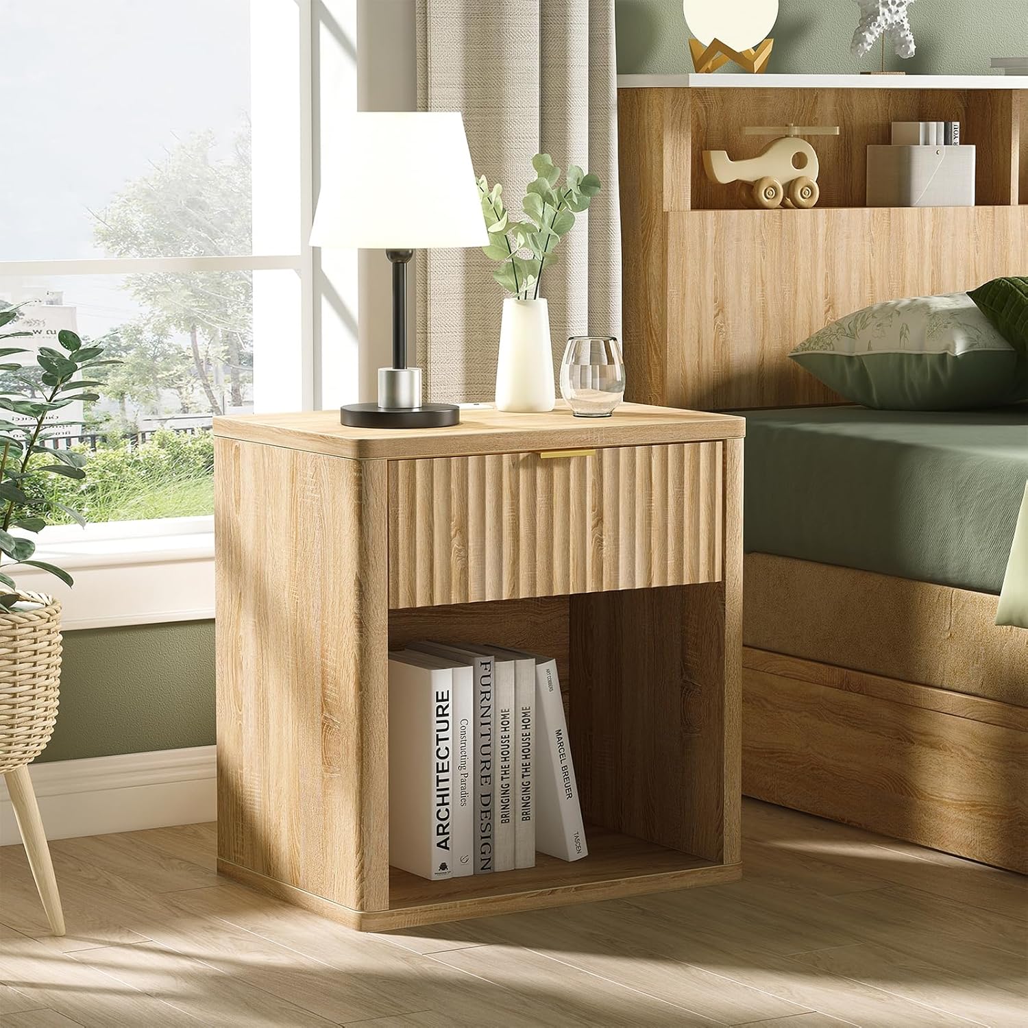Fluted Nightstands with LED & Charging Station, Oak