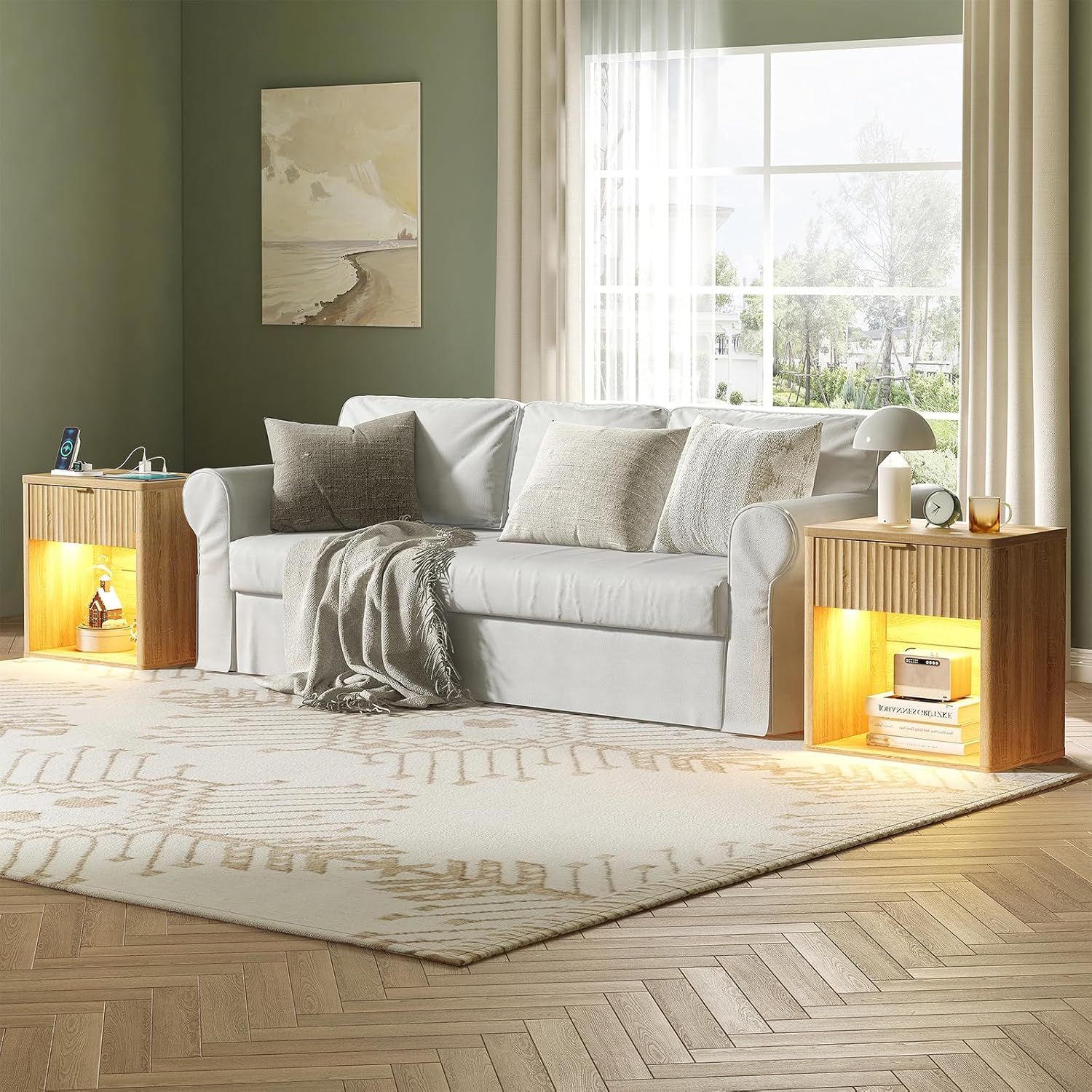 Fluted Nightstands with LED & Charging Station, Oak