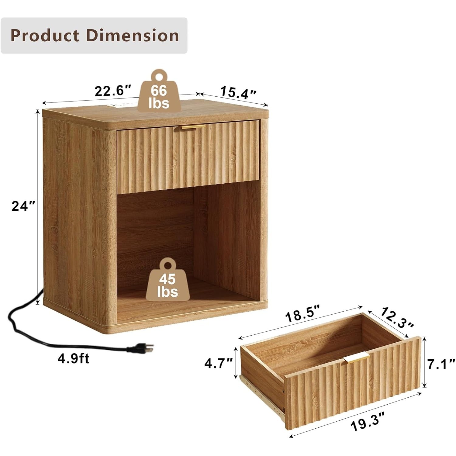 Fluted Nightstands with LED & Charging Station, Oak
