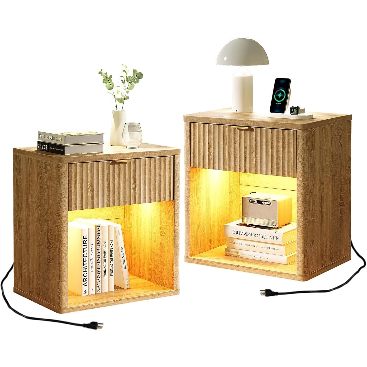 Fluted Nightstands with LED & Charging Station, Oak