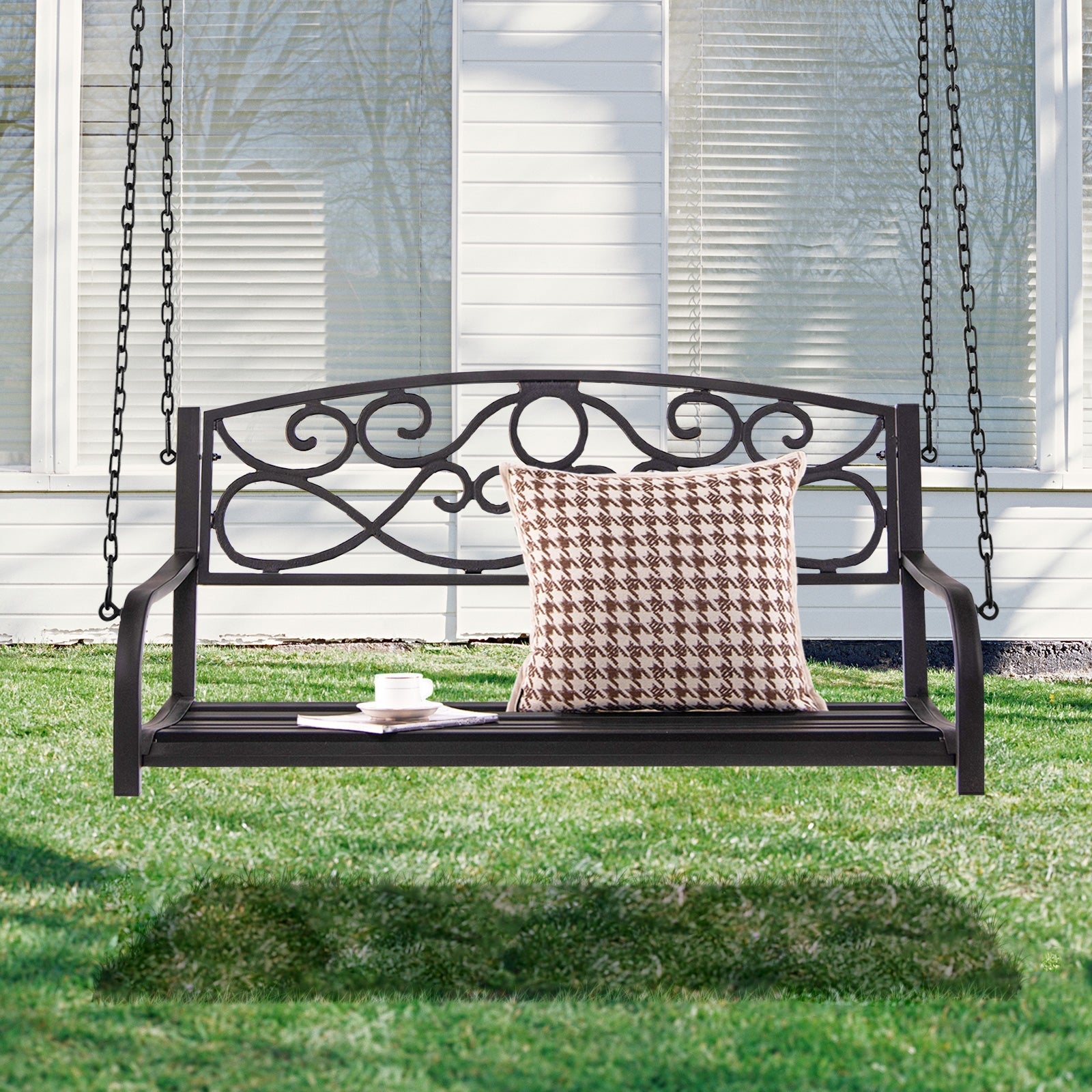 Outdoor 2-Person Metal Porch Swing Chair - Brown