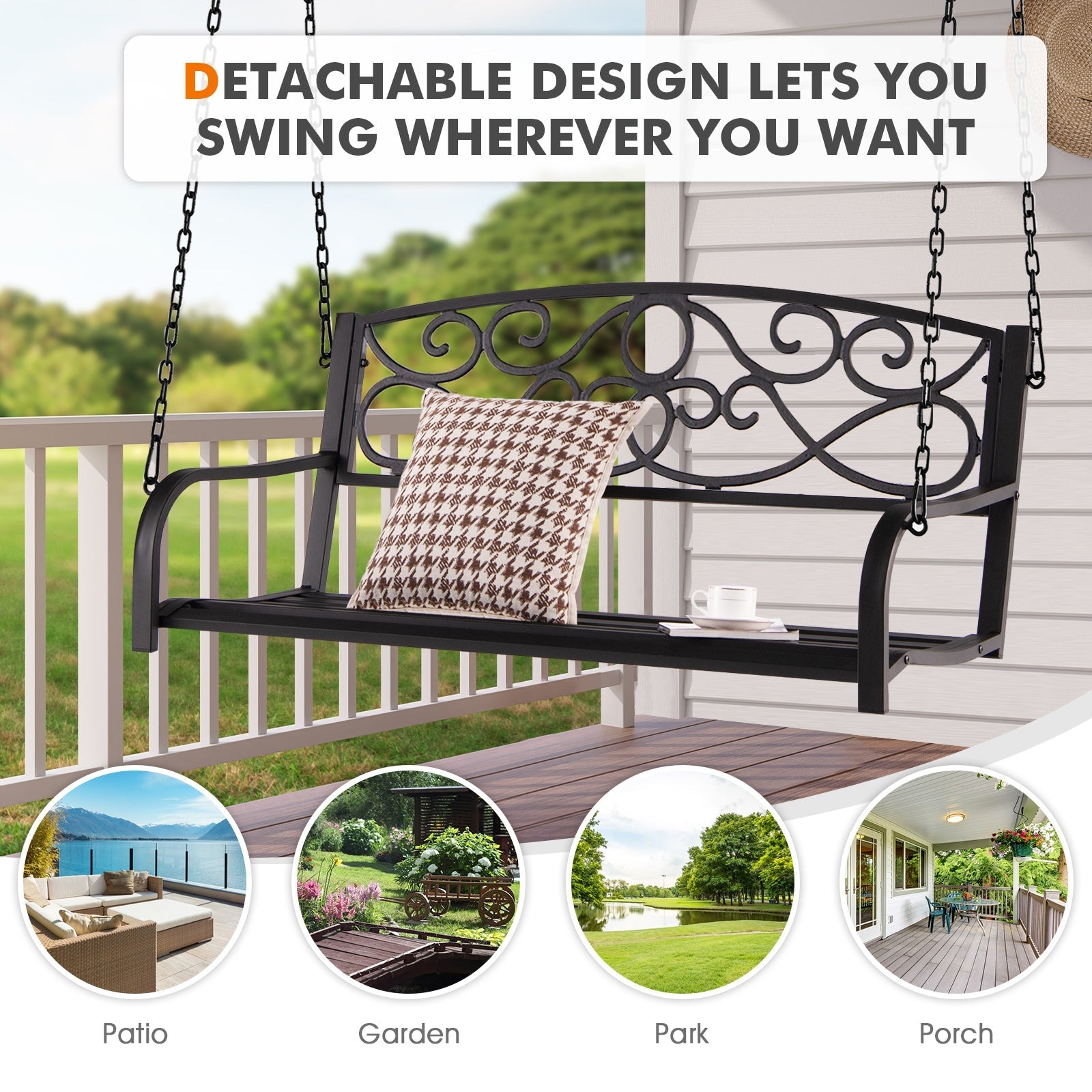 Outdoor 2-Person Metal Porch Swing Chair - Brown