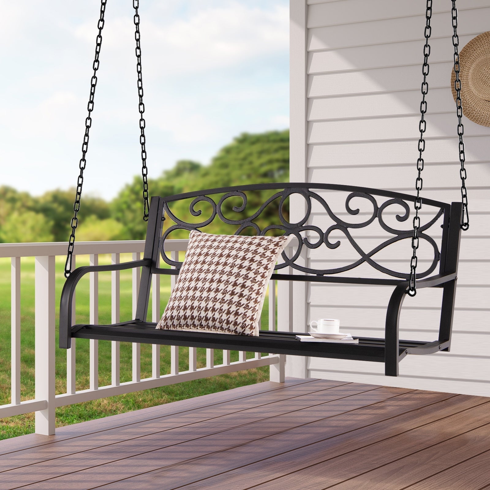 Outdoor 2-Person Metal Porch Swing Chair - Brown