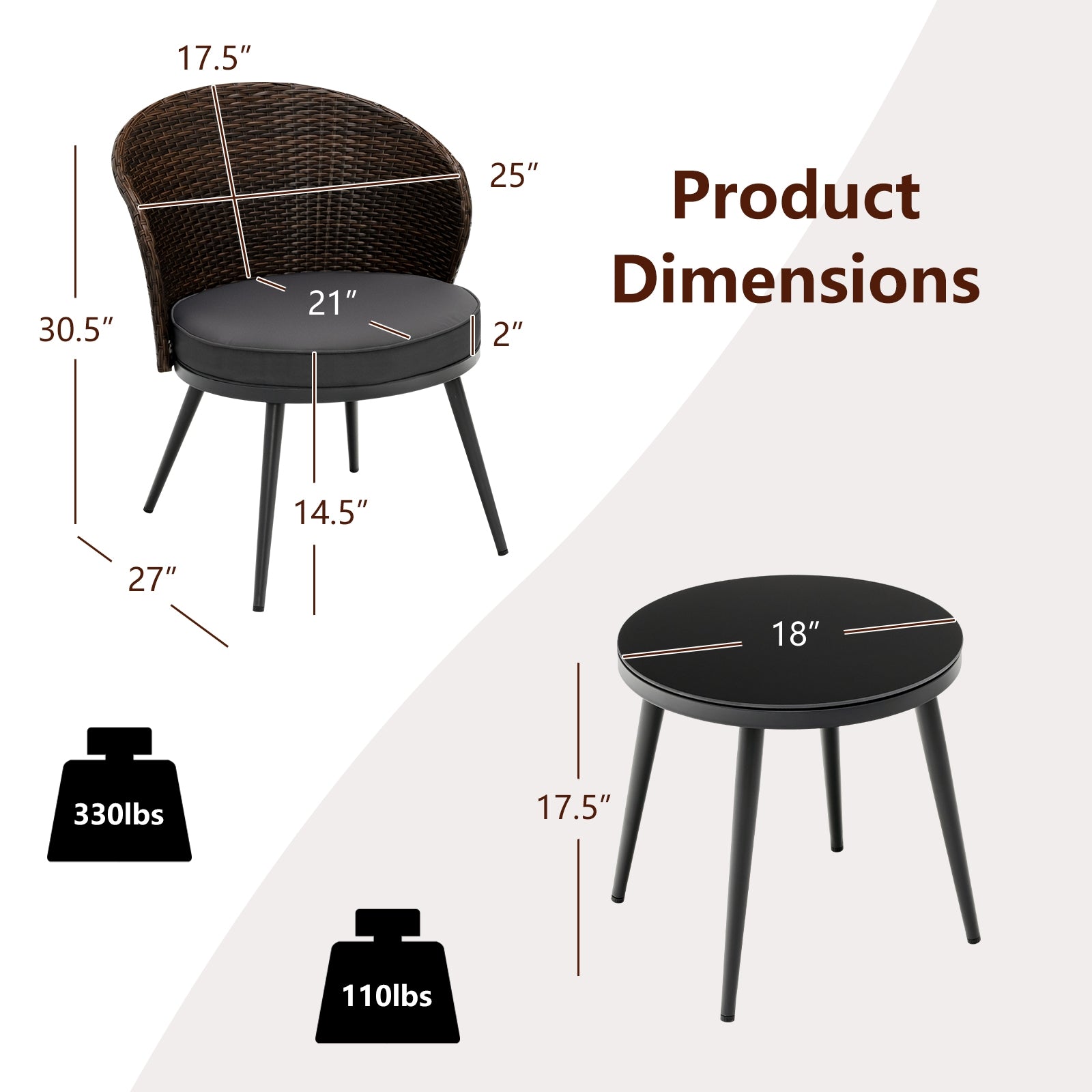 3 Pieces Patio Rattan Bistro Set with 2 Seat Cushions - Brown