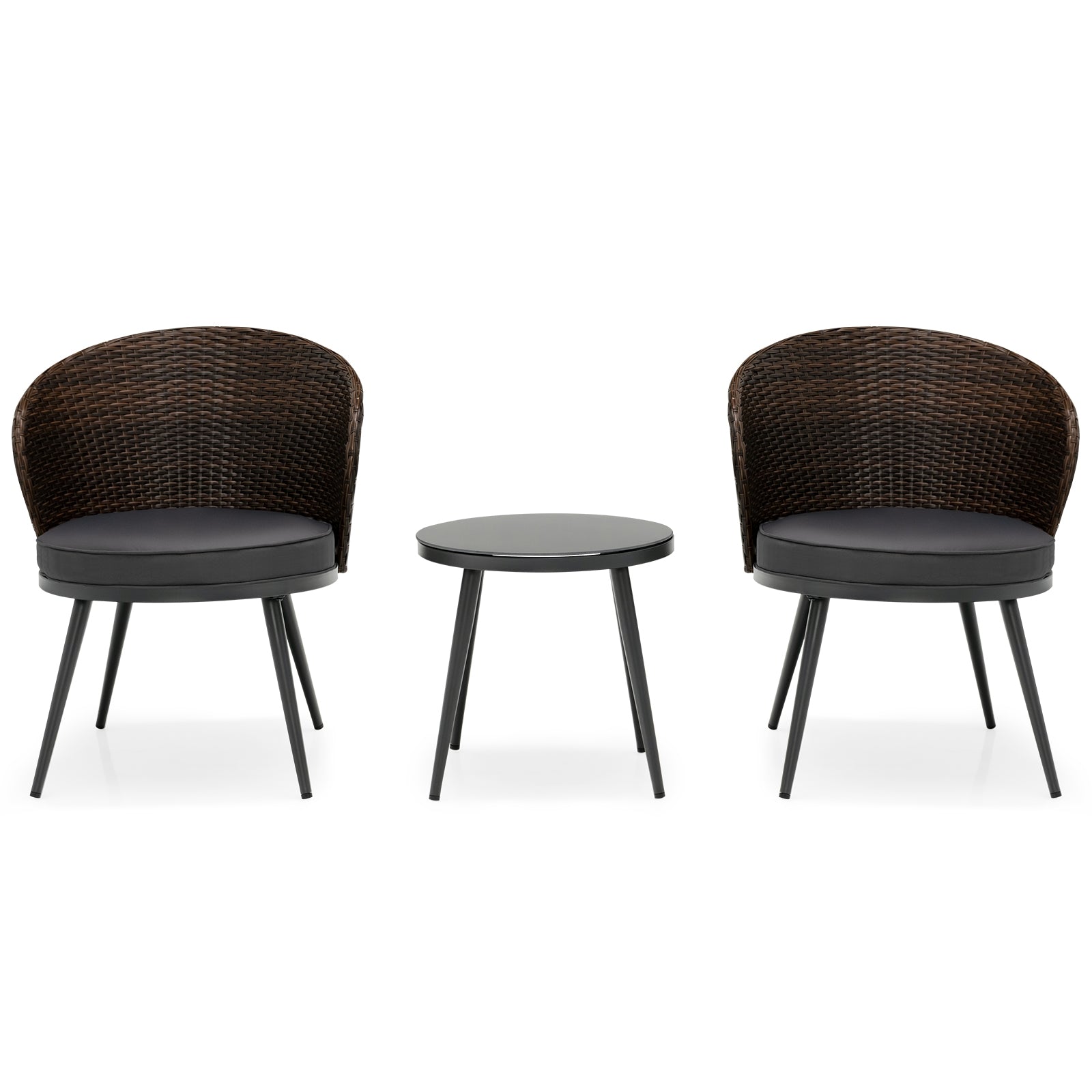 3 Pieces Patio Rattan Bistro Set with 2 Seat Cushions - Brown