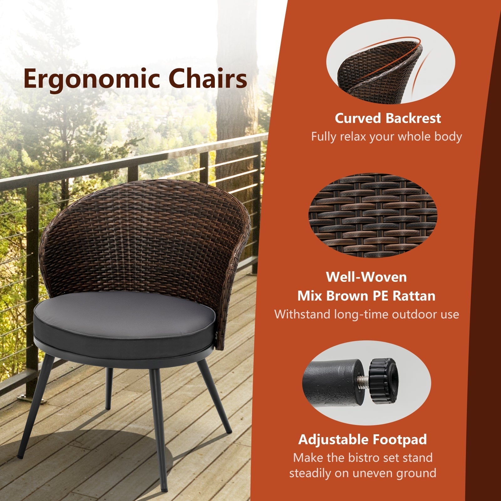 3 Pieces Patio Rattan Bistro Set with 2 Seat Cushions - Brown