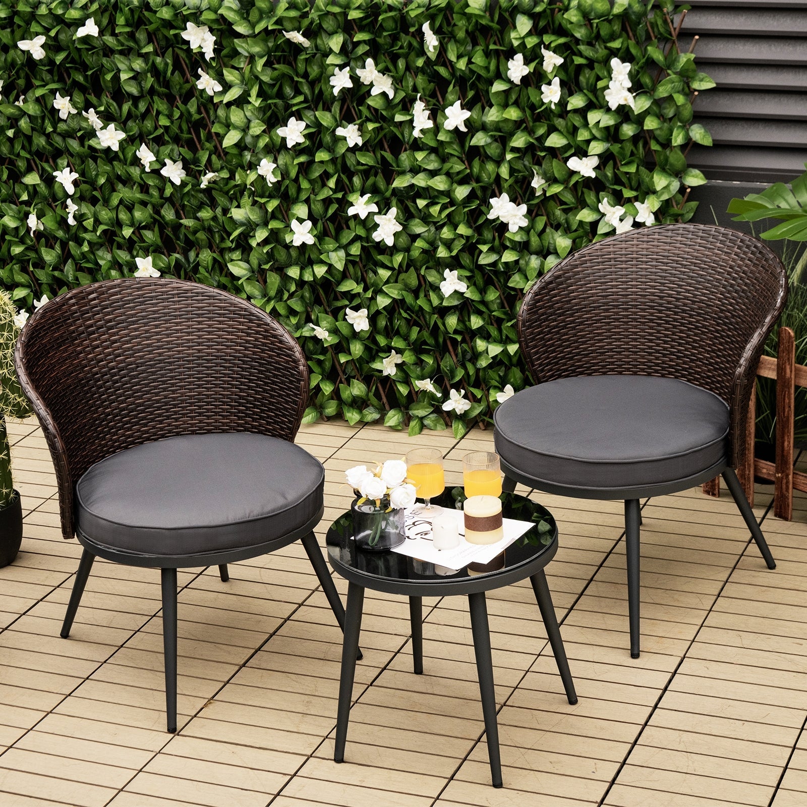 3 Pieces Patio Rattan Bistro Set with 2 Seat Cushions - Brown