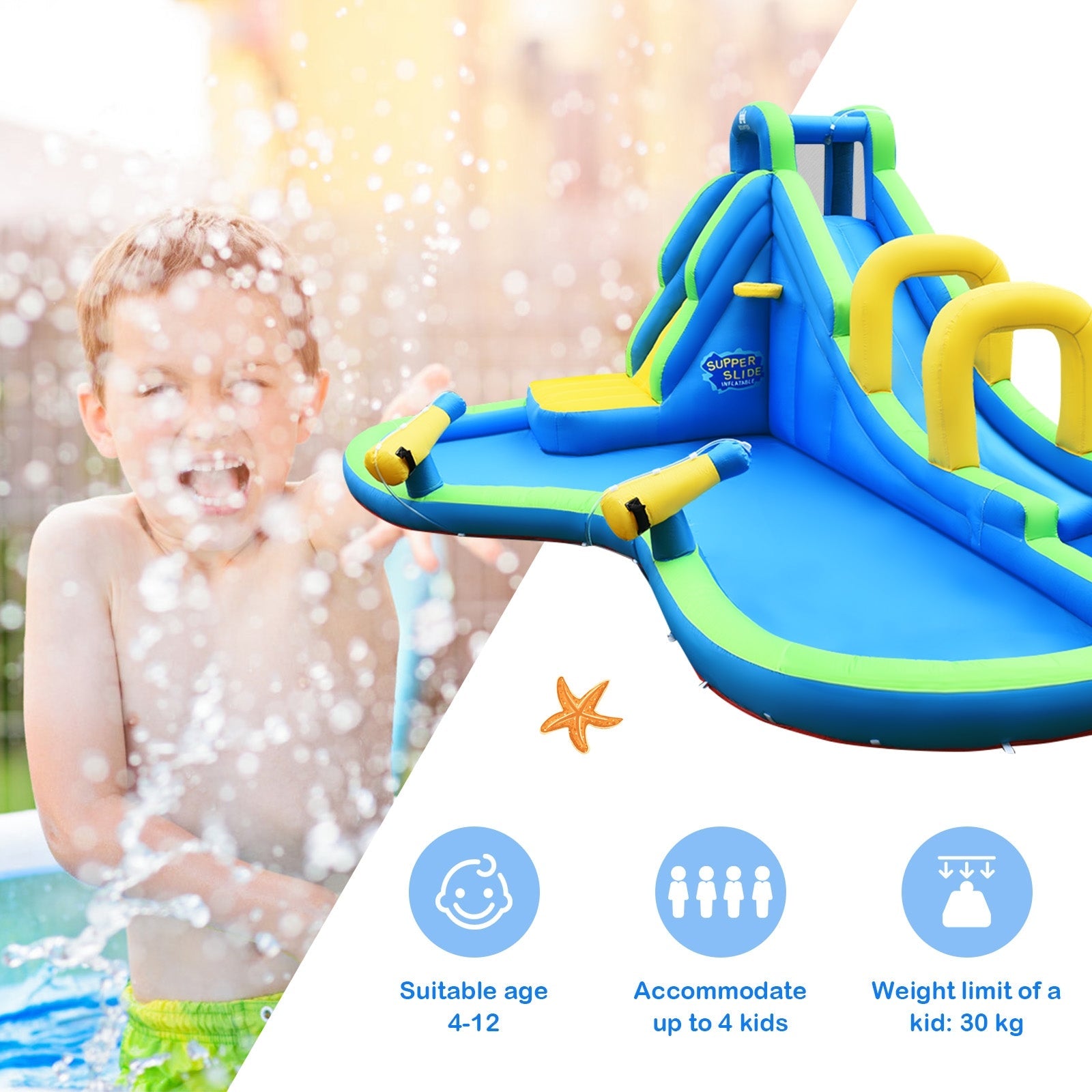 Inflatable Water Slide Kids Bounce House with Water Cannons and Hose