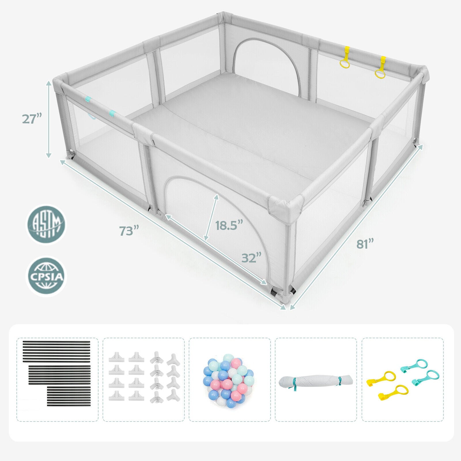 Large Infant Baby Playpen with 50 Ocean Balls-Gray