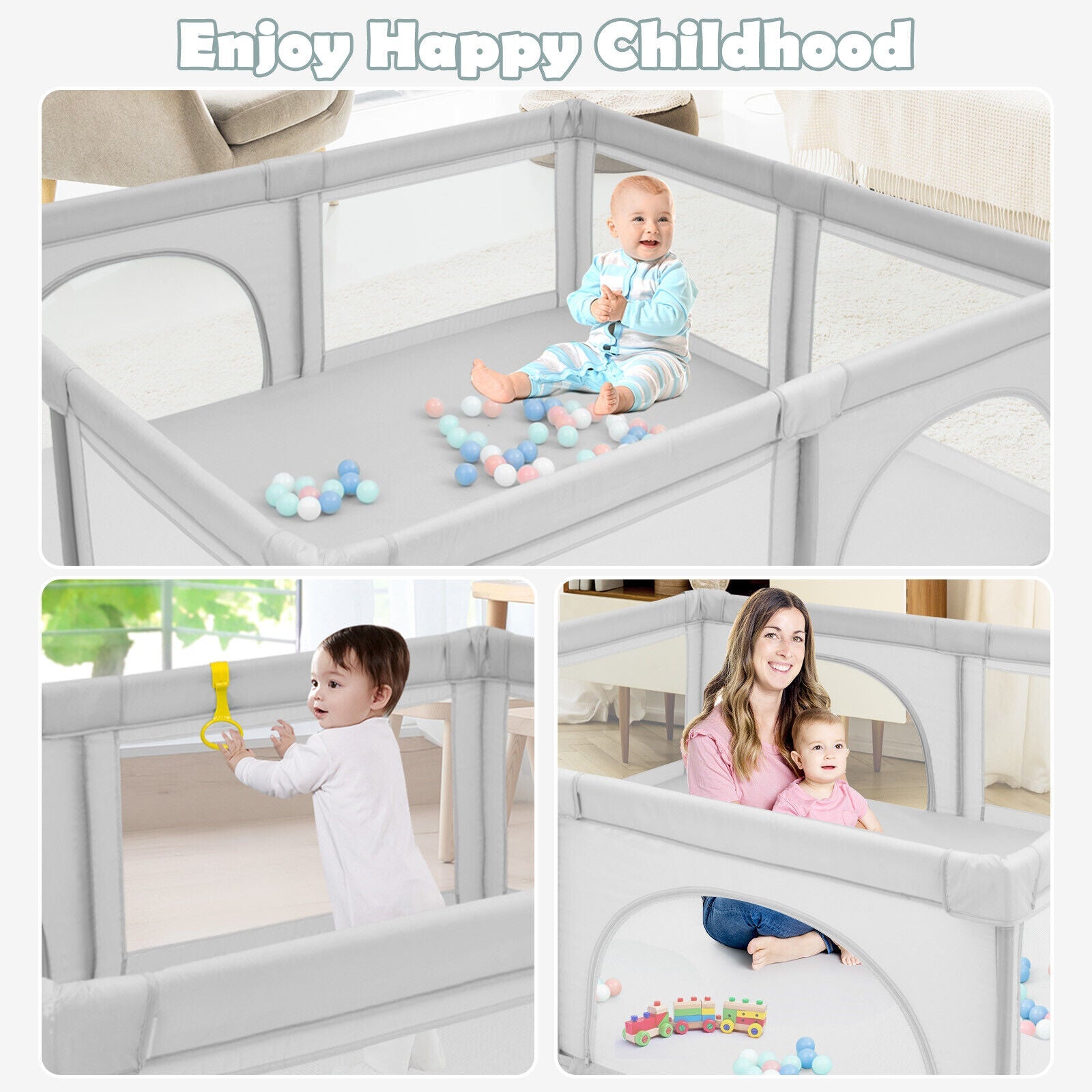 Large Infant Baby Playpen with 50 Ocean Balls-Gray