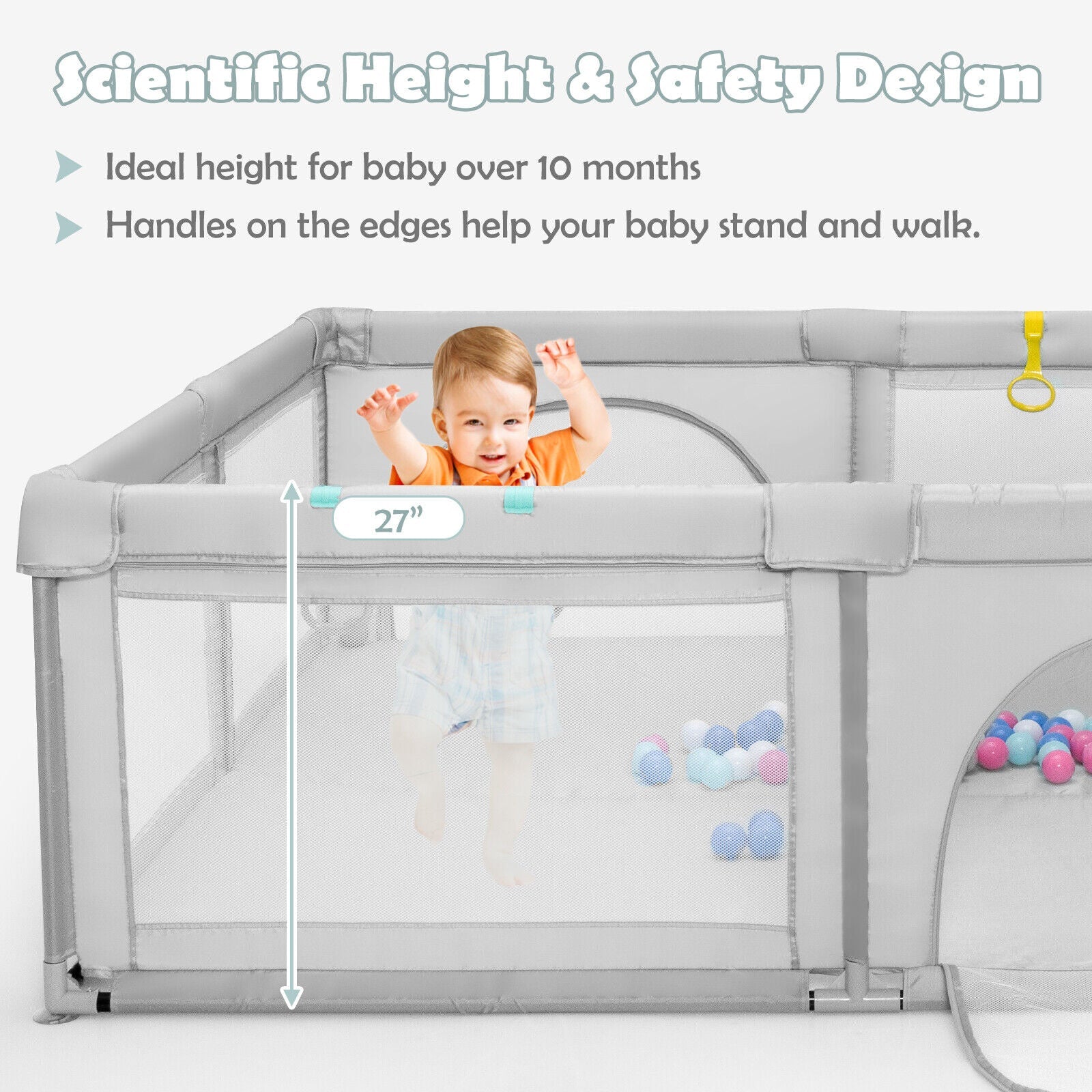 Large Infant Baby Playpen with 50 Ocean Balls-Gray