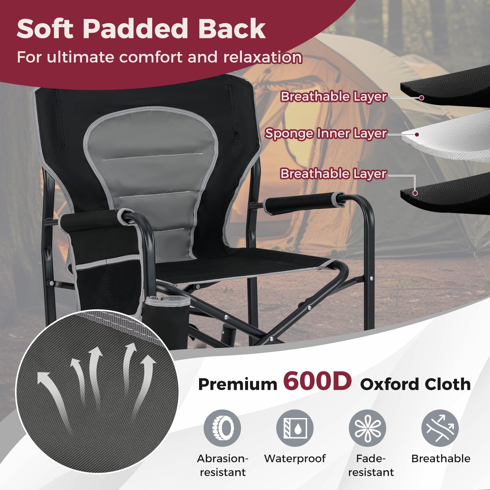 Outdoor Rocker Camping Chair with Dual Springs and Padded Back-Black