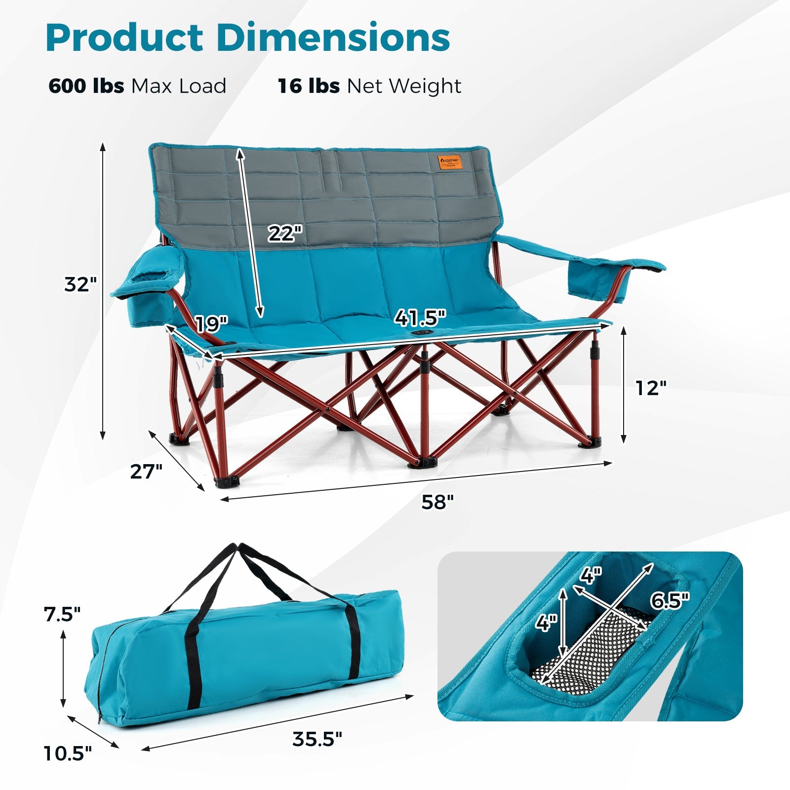 Oversized Camping Chair Folding Loveseat Camping Couch - Blue