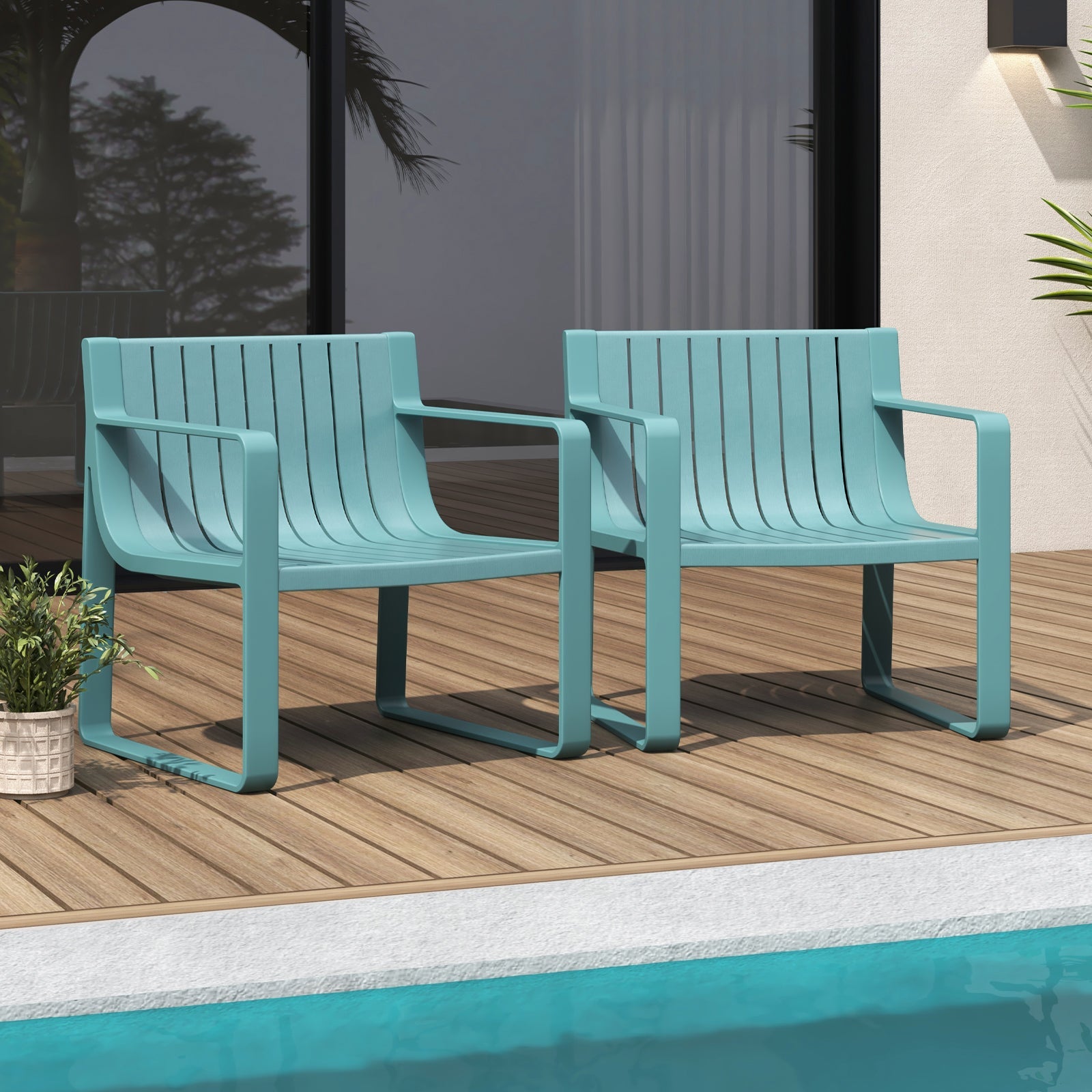 Patio Chairs Set of 2 with Curved Backrests and Seats - Blue