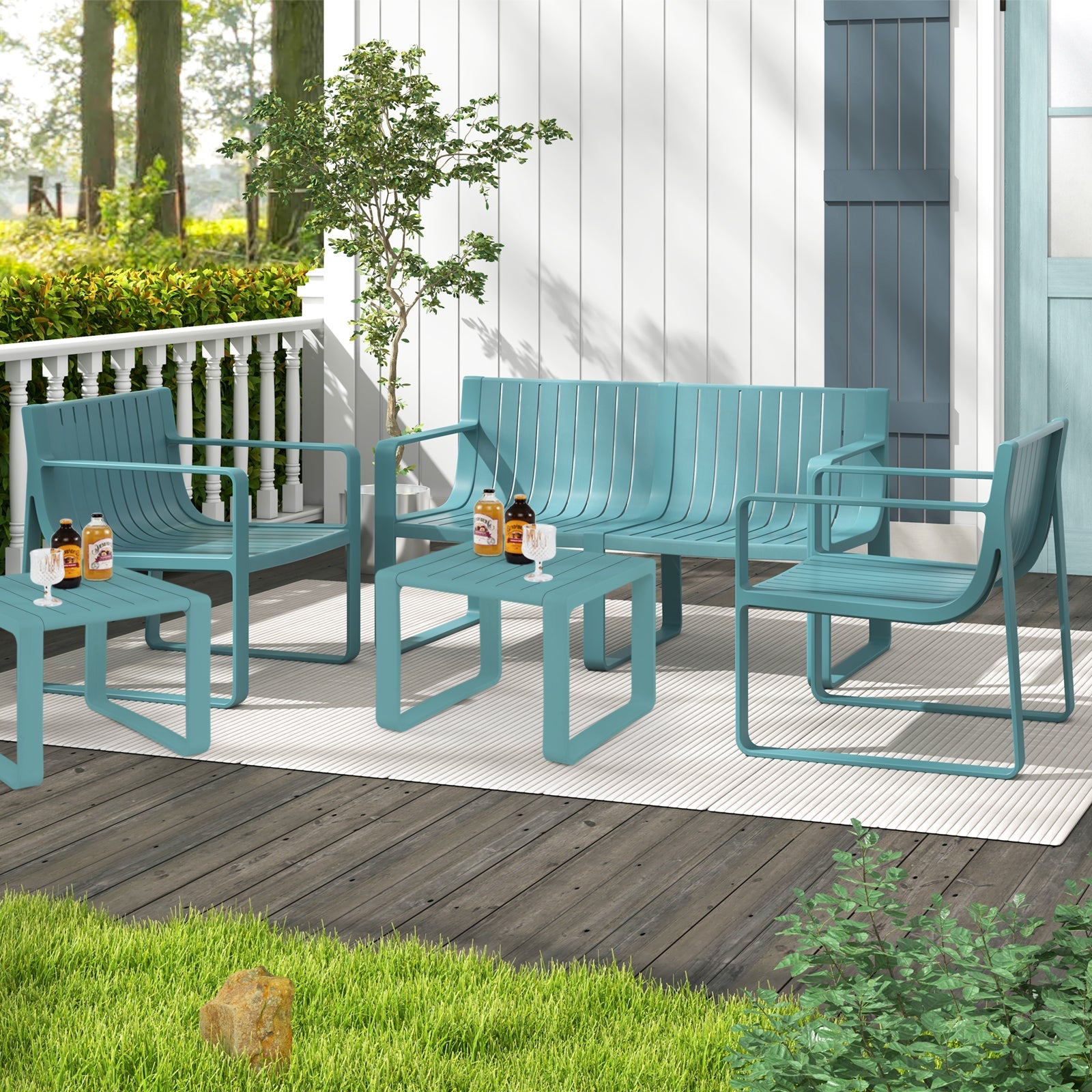 Patio Chairs Set of 2 with Curved Backrests and Seats - Blue