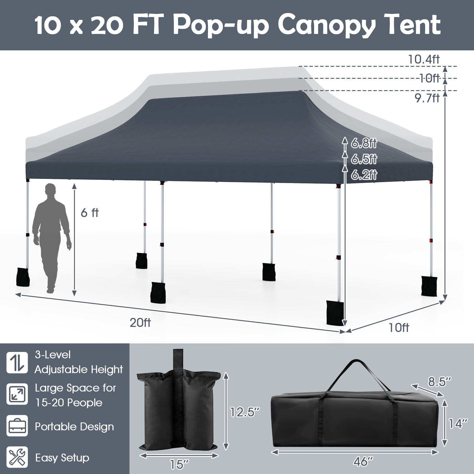 10 x 20 FT Pop up Canopy Tent Foldable Outdoor Gazebo with Carry Bag-Black