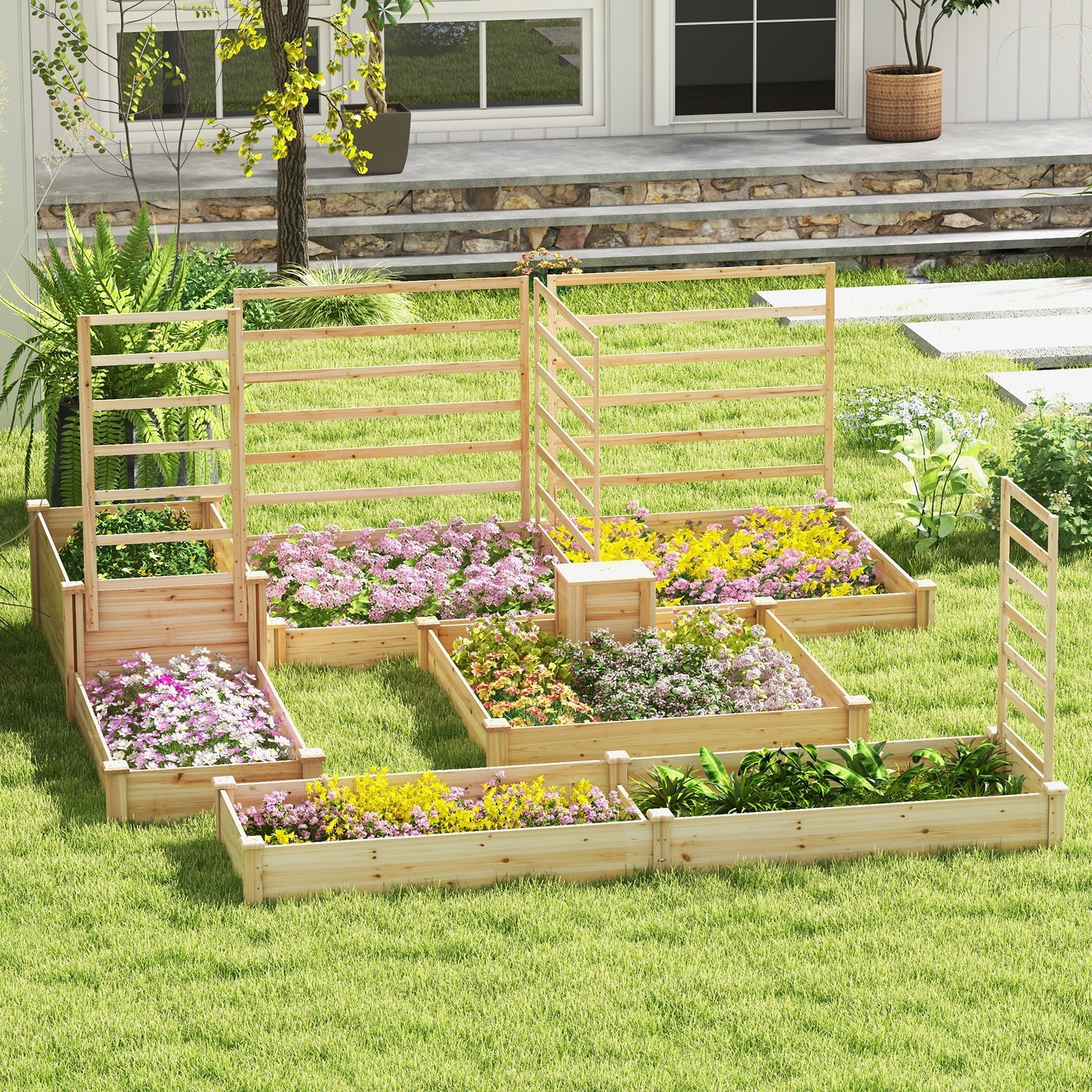 49 x 49 x 10 Inch Raised Garden Bed with Compost Bin -Natural