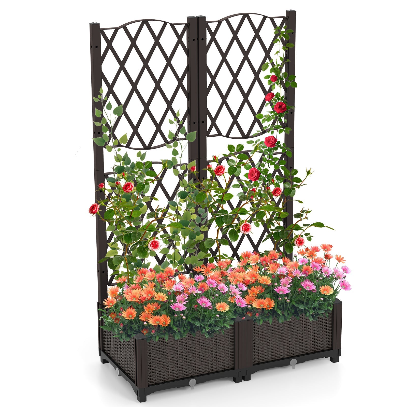 PE Rattan Raised Garden Bed with Trellis Planter Box -Brown