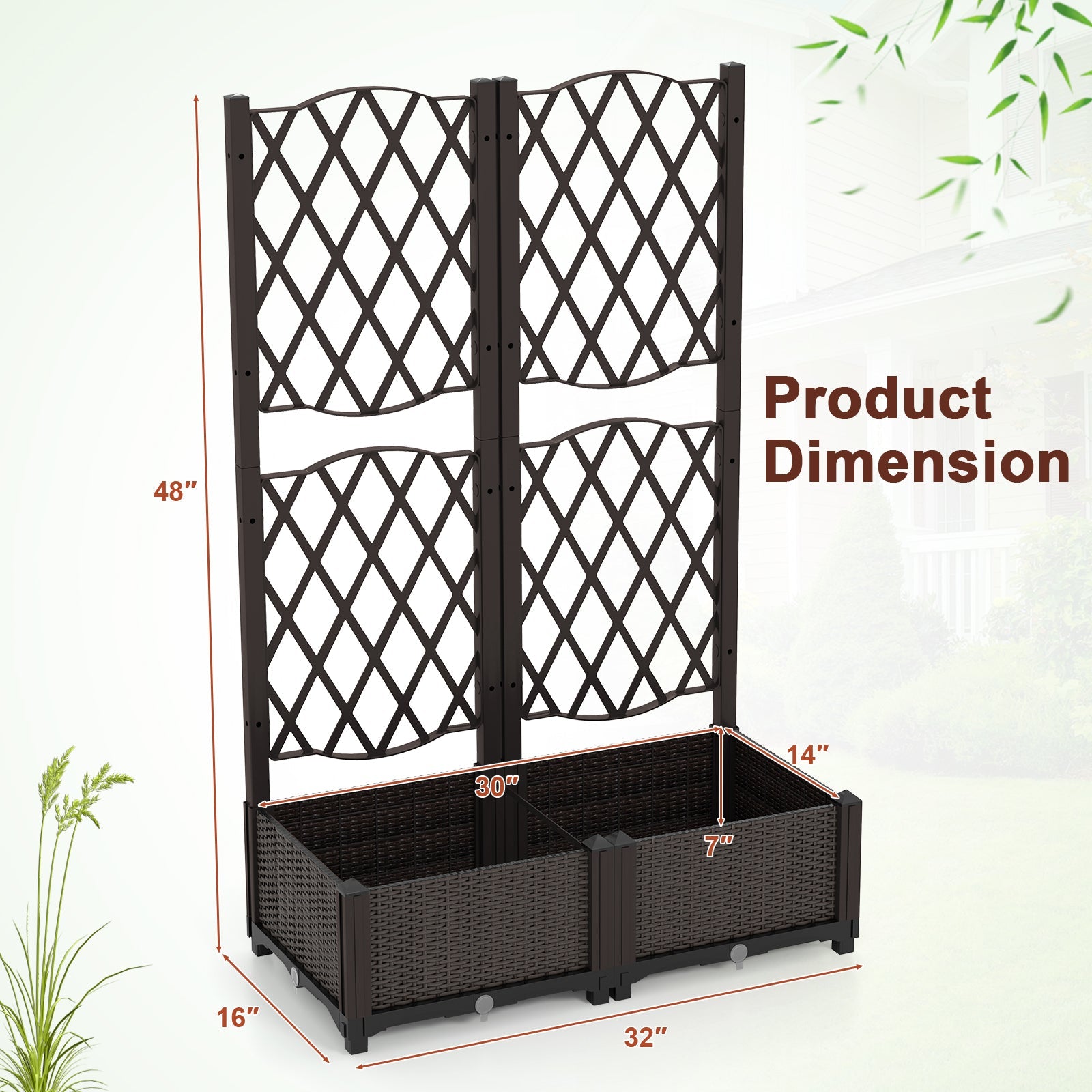 PE Rattan Raised Garden Bed with Trellis Planter Box -Brown
