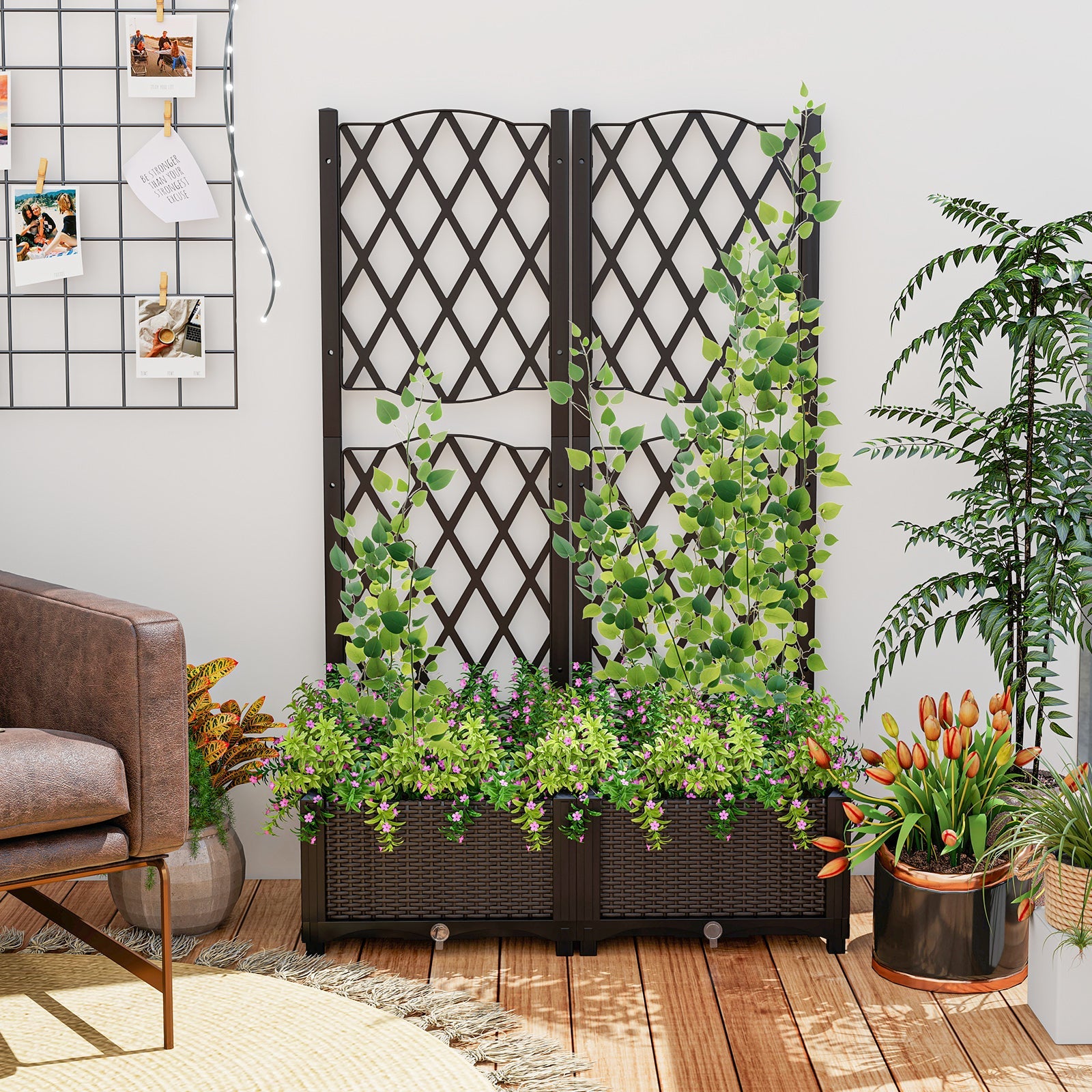 PE Rattan Raised Garden Bed with Trellis Planter Box -Brown